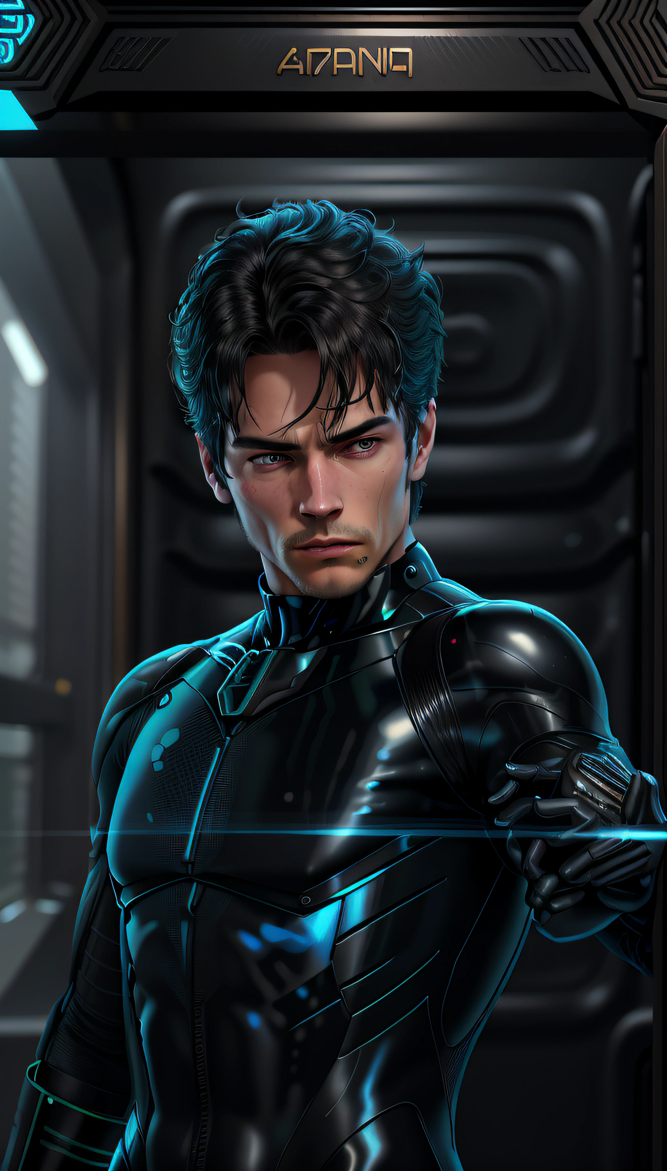 A closeup of a 21-year-old in a black latex wetsuit, Estilo Raymond Swanland, Paulo Atreides, Barclay Shaw 8K Fotorrealista, ciborgue macho, Iconic character of high detail, Gantz