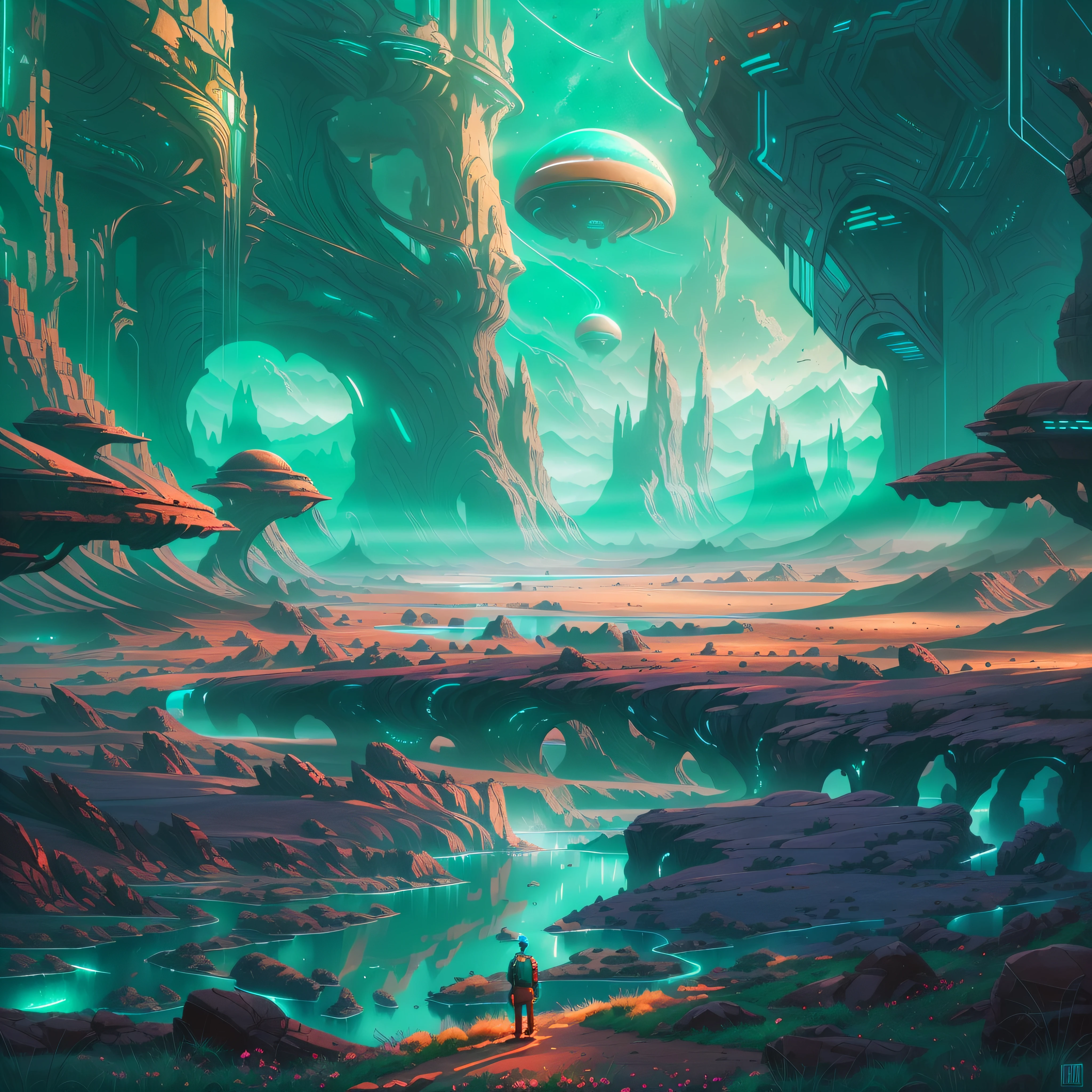 sphycadelic green and turquoise colors, an alien lanscape, epic landscape, sci fi landscape, wlop and rhads, sci - fi landscape, sci-fi landscape, scifi landscape, symmetrical fantasy landscape, epic dreamlike fantasy landscape, concept art 8 k resolution, concept art 8k resolution