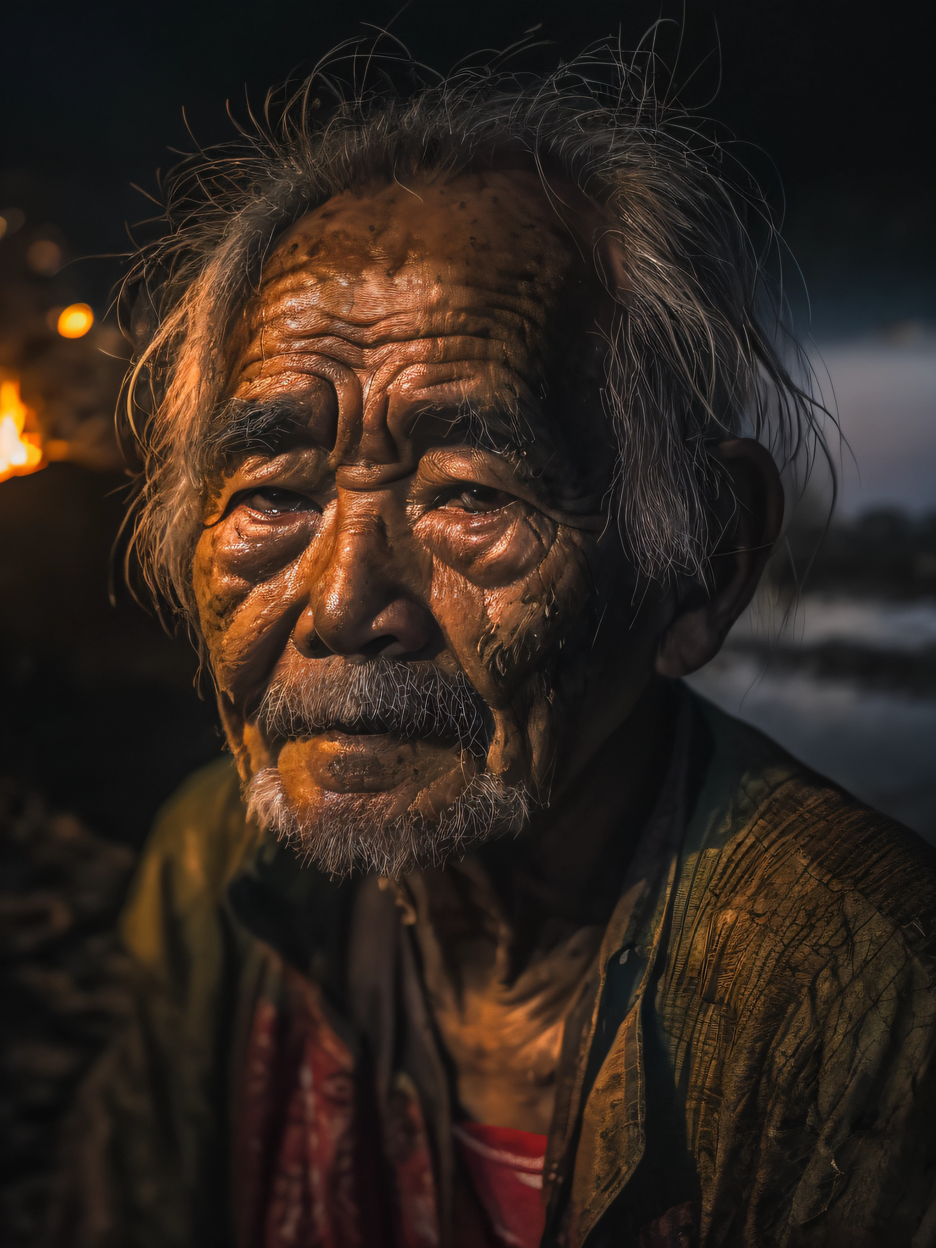 A close-up of a Vietnamese old man's face, illuminated by the light of a fire, with a backdrop of a dirty river and a shanty town.