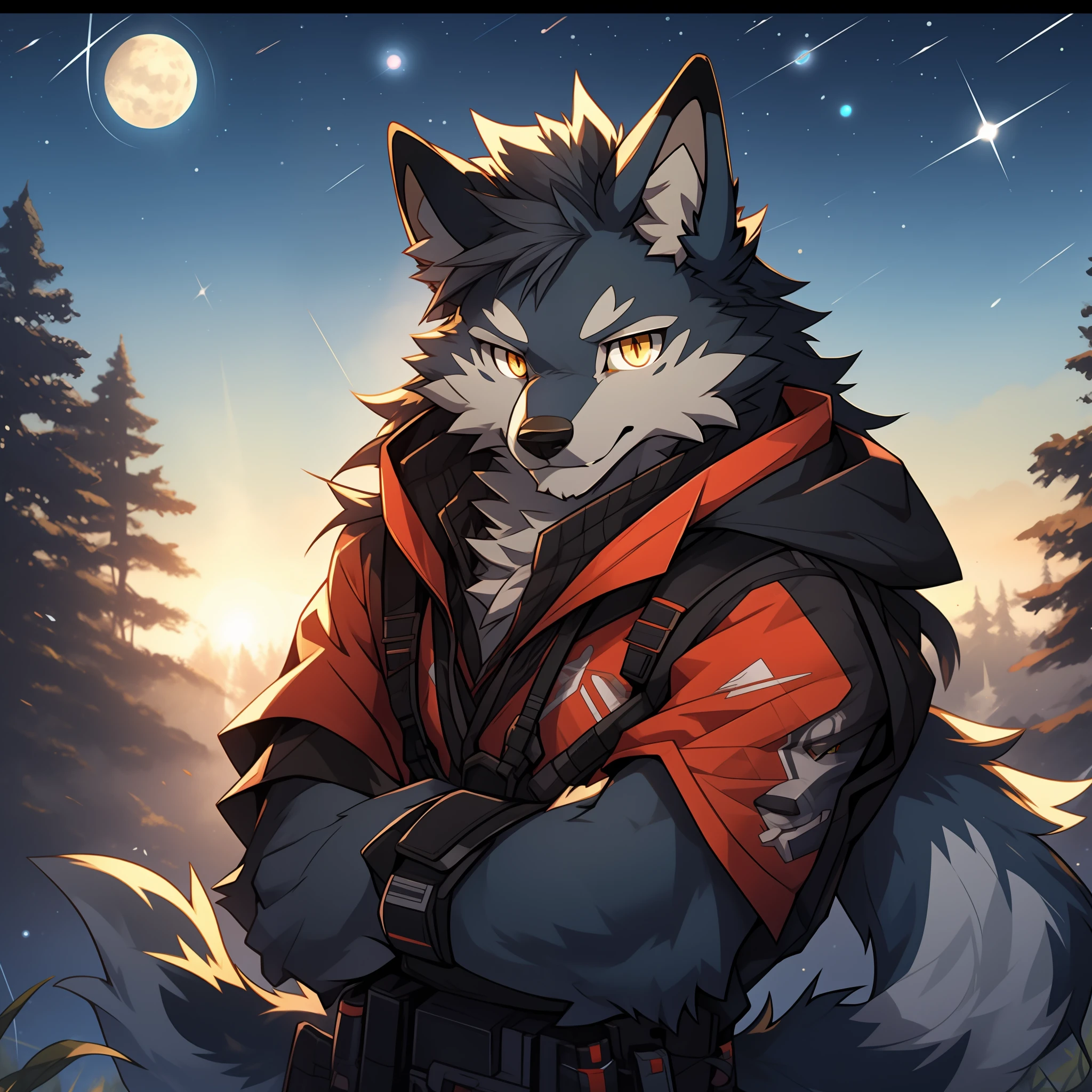 Furry，gray wolf，long whitr hair，Golden pupils，sniper gun，starrysky