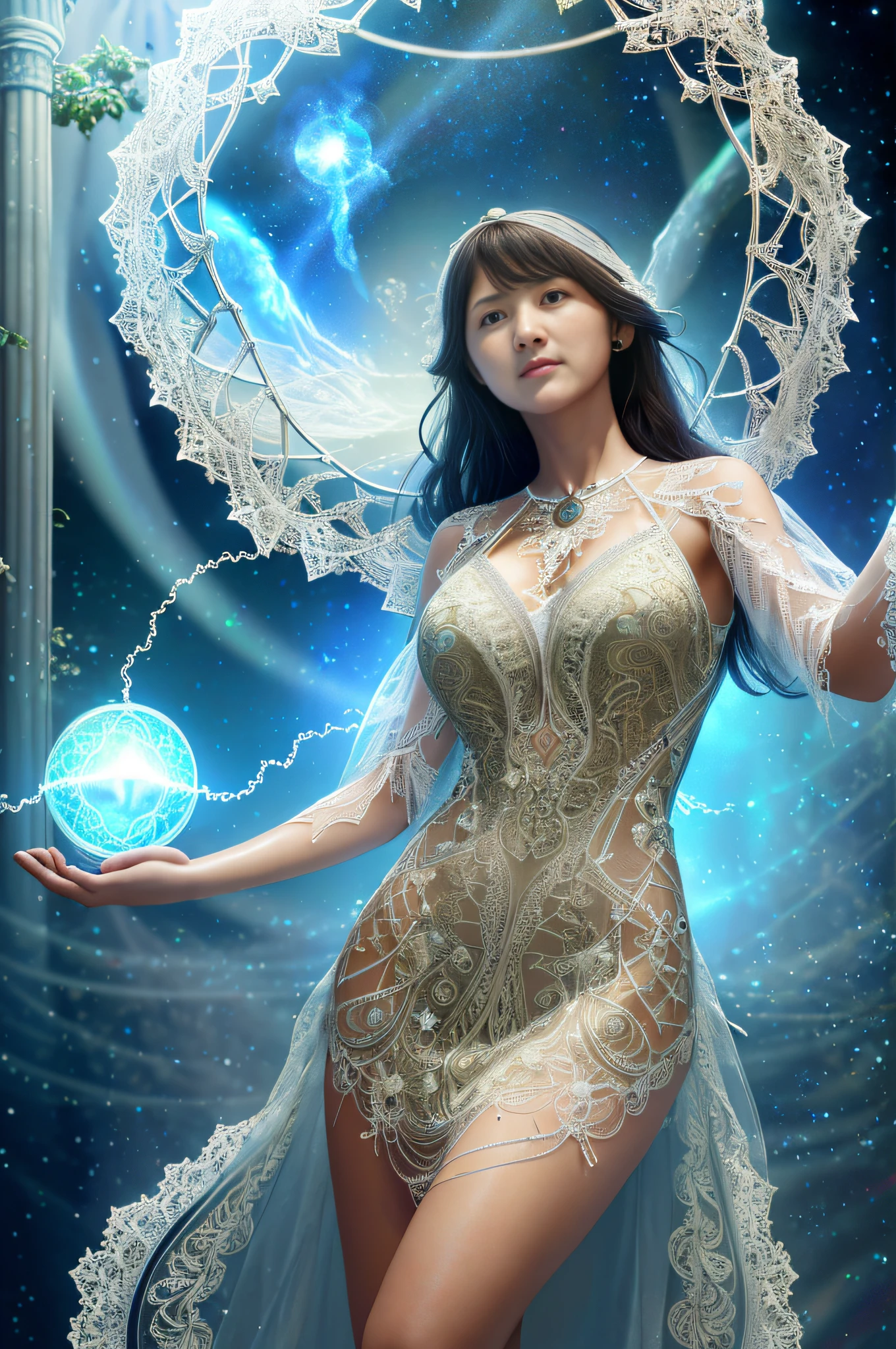 ultra realistic 8k cg, masterpiece, ultra hd, 64k,high sharpness,realistic,(light refraction:0.6),((1girl:1.2),light vortex in hand, casting holy magic,sorceresses, intricate lace dress,intricate details on dress:1.4),(white pigeons flying around:0.6),dust particles floating around reflecting light,heavenly world,magic flowing through air,soft lighting,(blush,skin texture,goosebumps:0.6),subsurface scattering,(fine details,sharp details:1.4),realistic shadows,(background: heavenly trees, yggdrasil,disney)