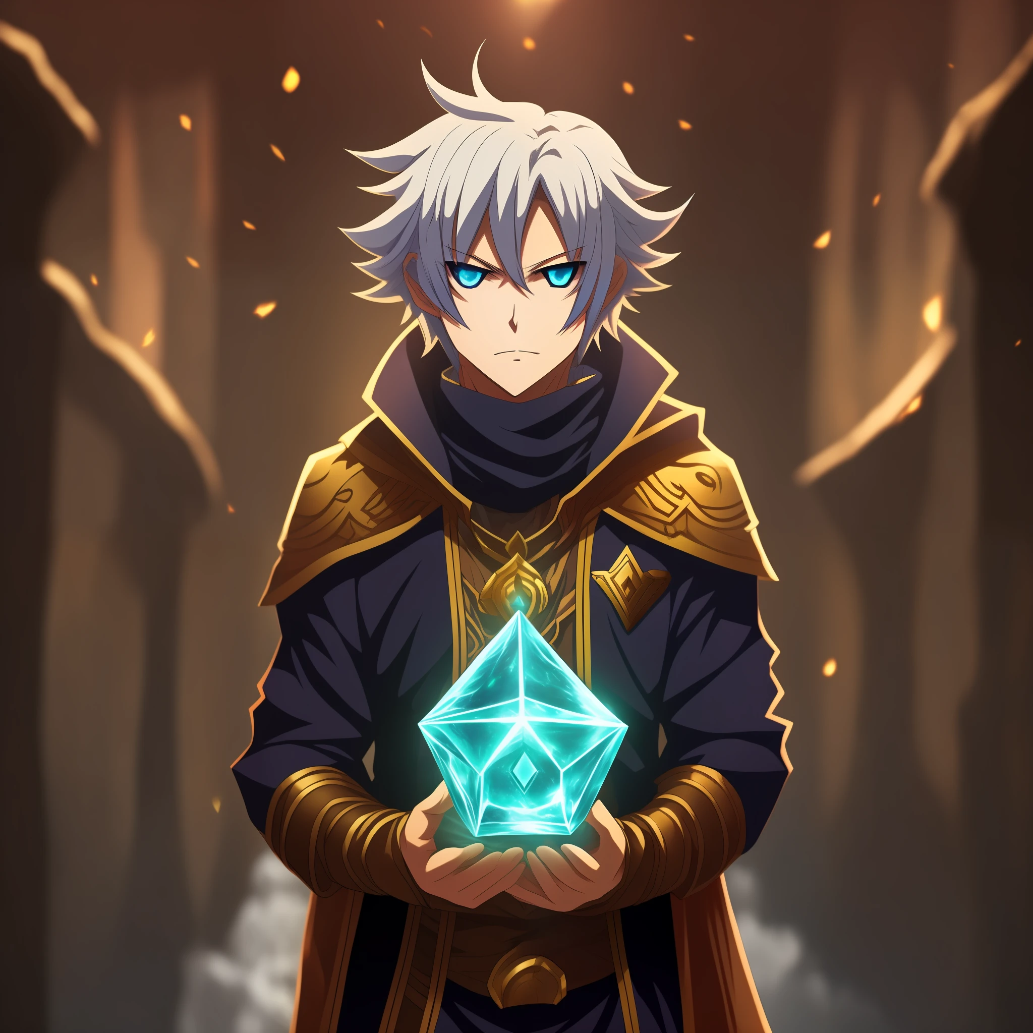 Mage Frost adolescente anime masculino, holding the ice skull prism in his left hand, Lutando