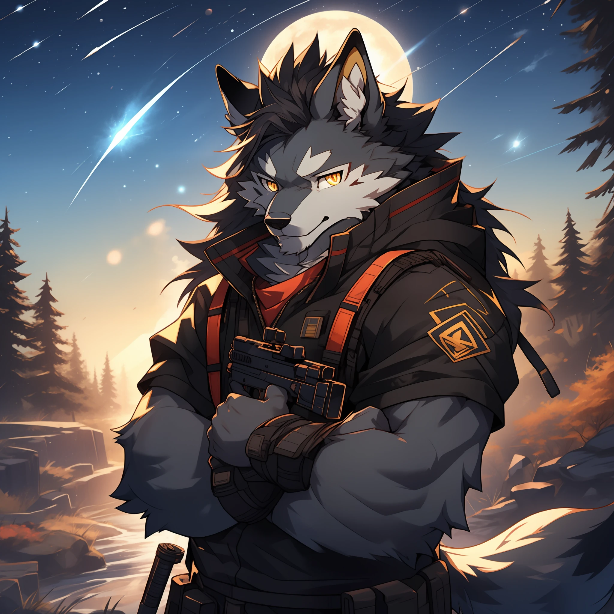 Furry,gray wolf,long whitr hair,Golden pupils,sniper gun,starrysky