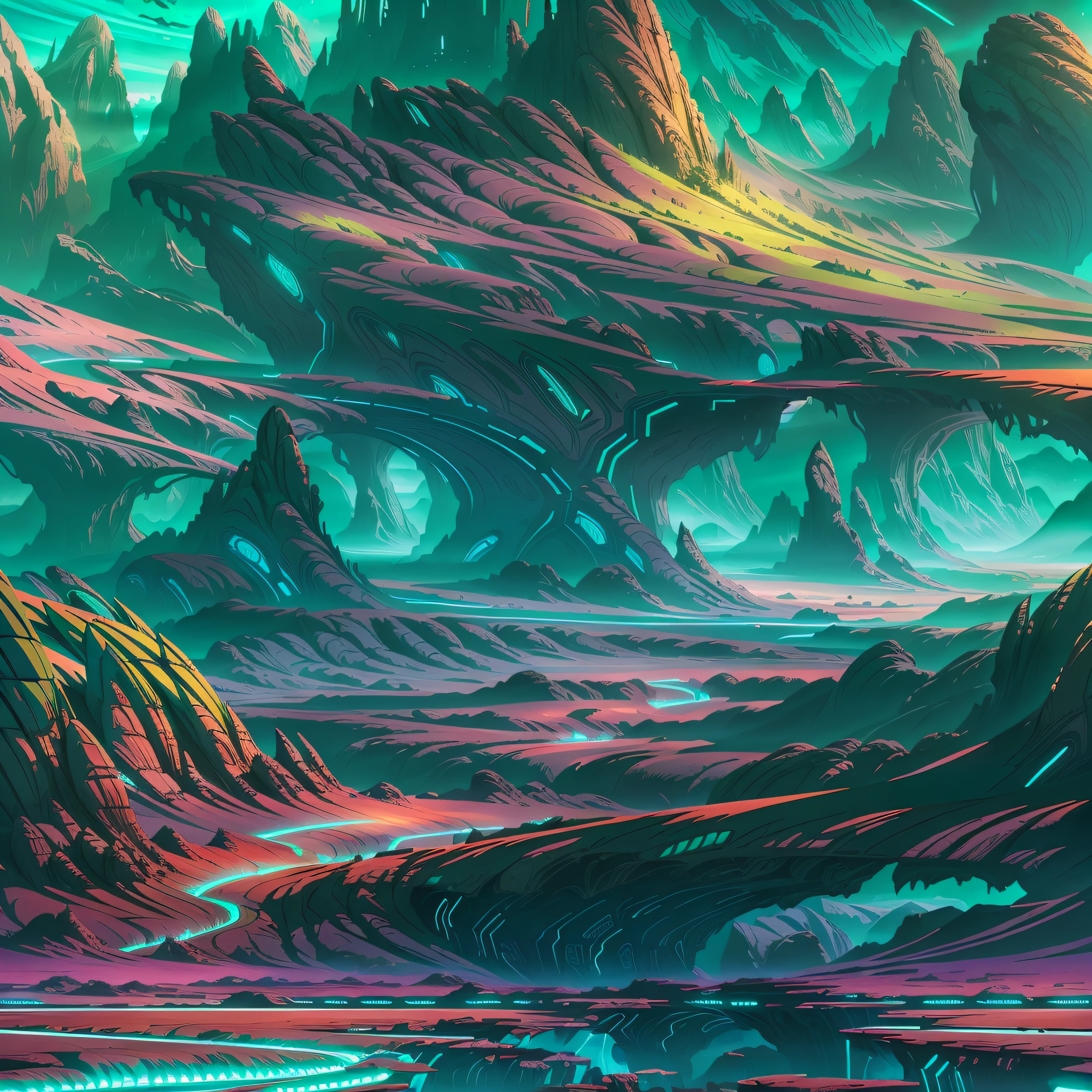sphycadelic green and turquoise colors, an alien lanscape, epic landscape, sci fi landscape, wlop and rhads, sci - fi landscape, sci-fi landscape, scifi landscape, symmetrical fantasy landscape, epic dreamlike fantasy landscape, concept art 8 k resolution, concept art 8k resolution