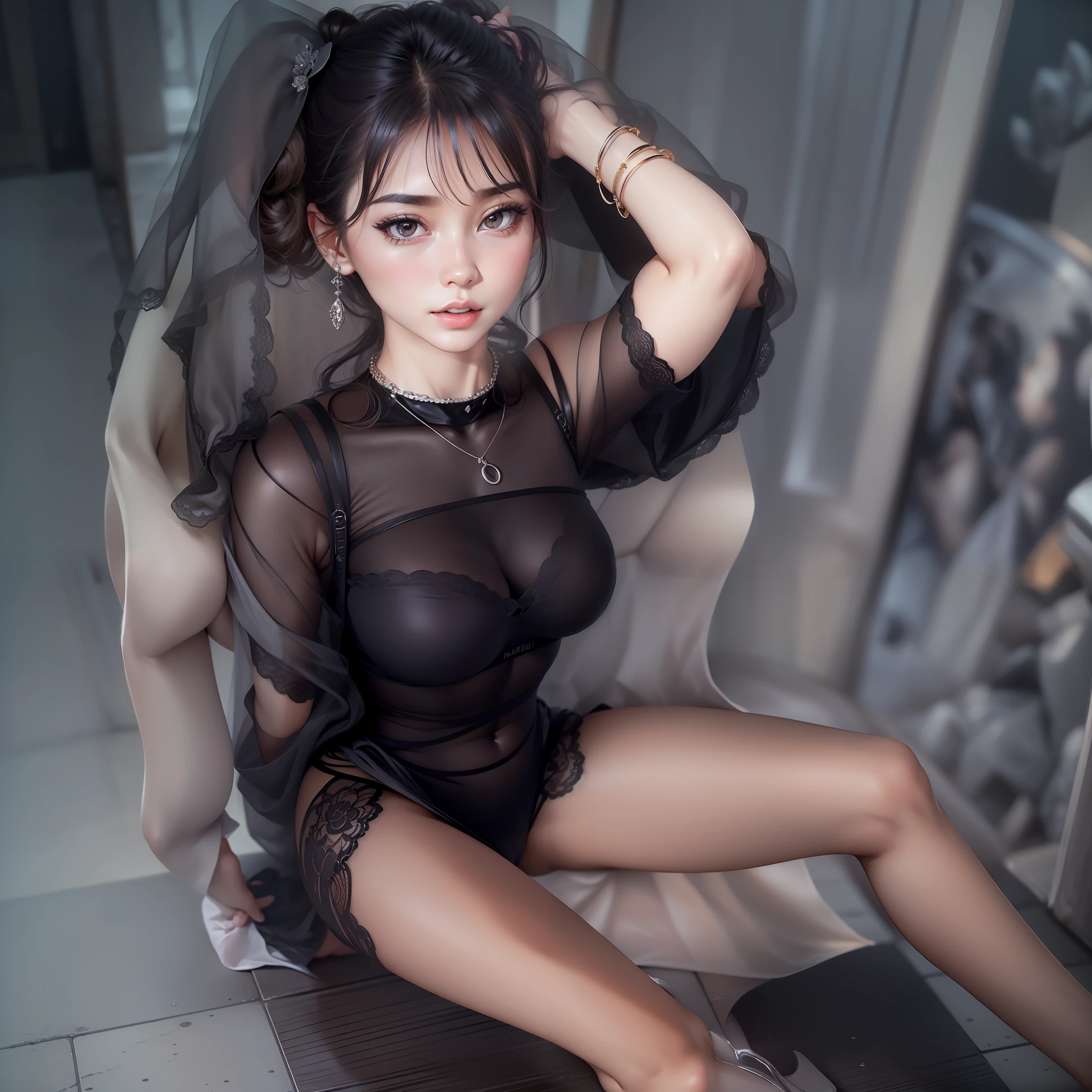 ((erectile nipple))), FULL BODYSHOT:1.3, crouching down, (Pee on the floor:1.4), (incontinence:1.47), (Urine on the floor:1.37), (makeup), Beautiful Large Breasts, (bokeh dof), inside in room, Detailed Luxury Living, Model Pose, (small_head), gentle and charming beautiful girl, Korea person(KPOP Idol), 独奏, (The areol), (cleavage of the breast), Underarm wrinkles, delicate and sexy(鎖骨:1.3), black pantyhose, slick skin, a necklace, A dark-haired, long legged, shorth hair, oval-face, 二重まぶた, smart, good hand, good feet, natural(medium chest:1.25), Light on the face, Black fishnet pantyhose, bare shoulders, (sheer fabrics)Black loose fishnet bodysuit, bare shoulders, (SQUATTING on the ground)((open the legs widely)), (((Spread your legs))), (Angle from below), (shinny skin:1.05), (low angles)), Perfect figure, (64k, RAW Photos, top-quality、masterpiece:1.2)、(realisitic、Photorealsitic:1.37)、超A high resolution、photon maping、Radio City、((Hasselblad photo))、physically-based renderingt、Professional soft lighting、high-heels、Professional soft lighting、high-heels、(NSFW), UHD