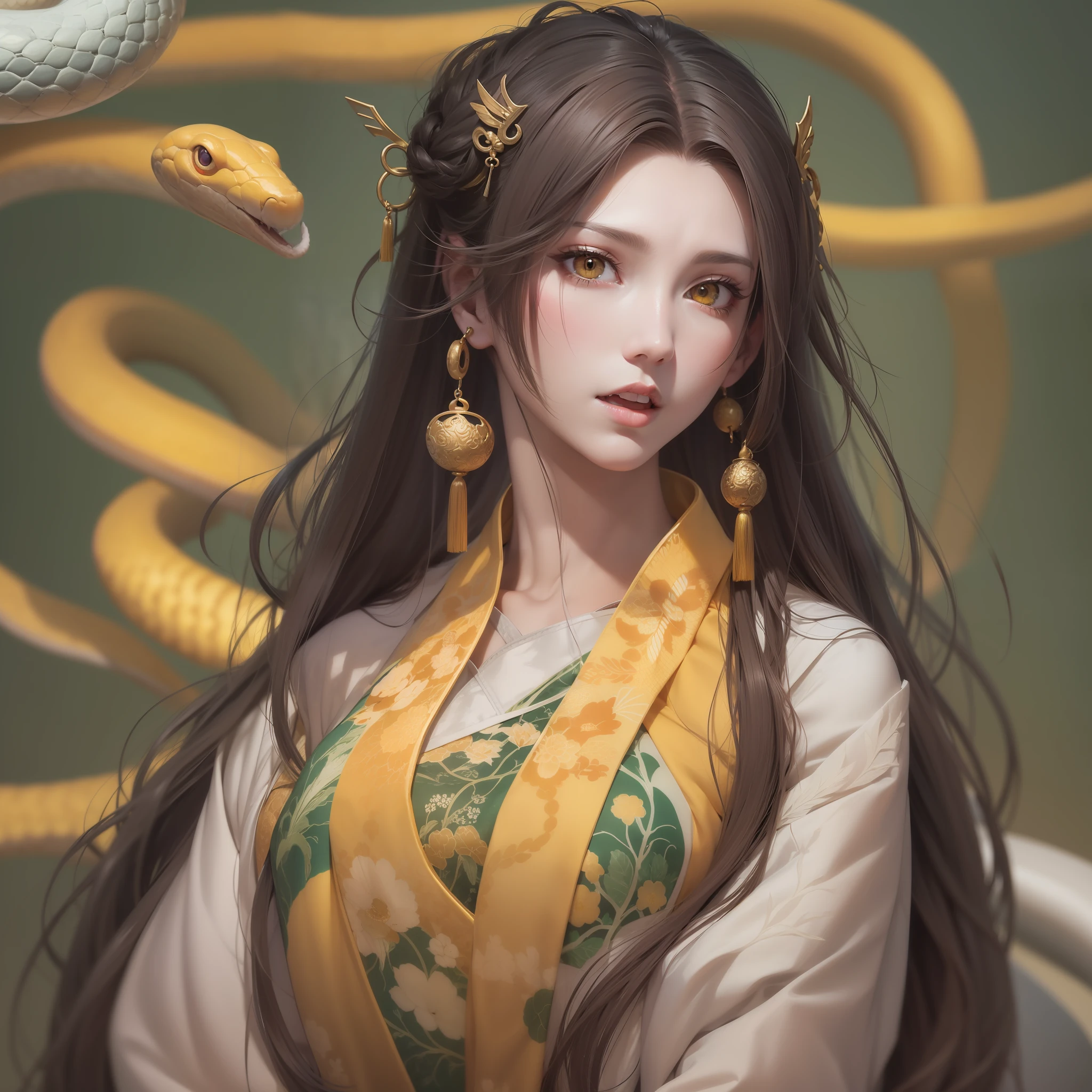 Nu wa，Human head snake body，brunette color hair，Long straight hair，Snake pupils，Yellow-skinned，Colorful Hanfu，Look up，full bodyesbian，tmasterpiece
