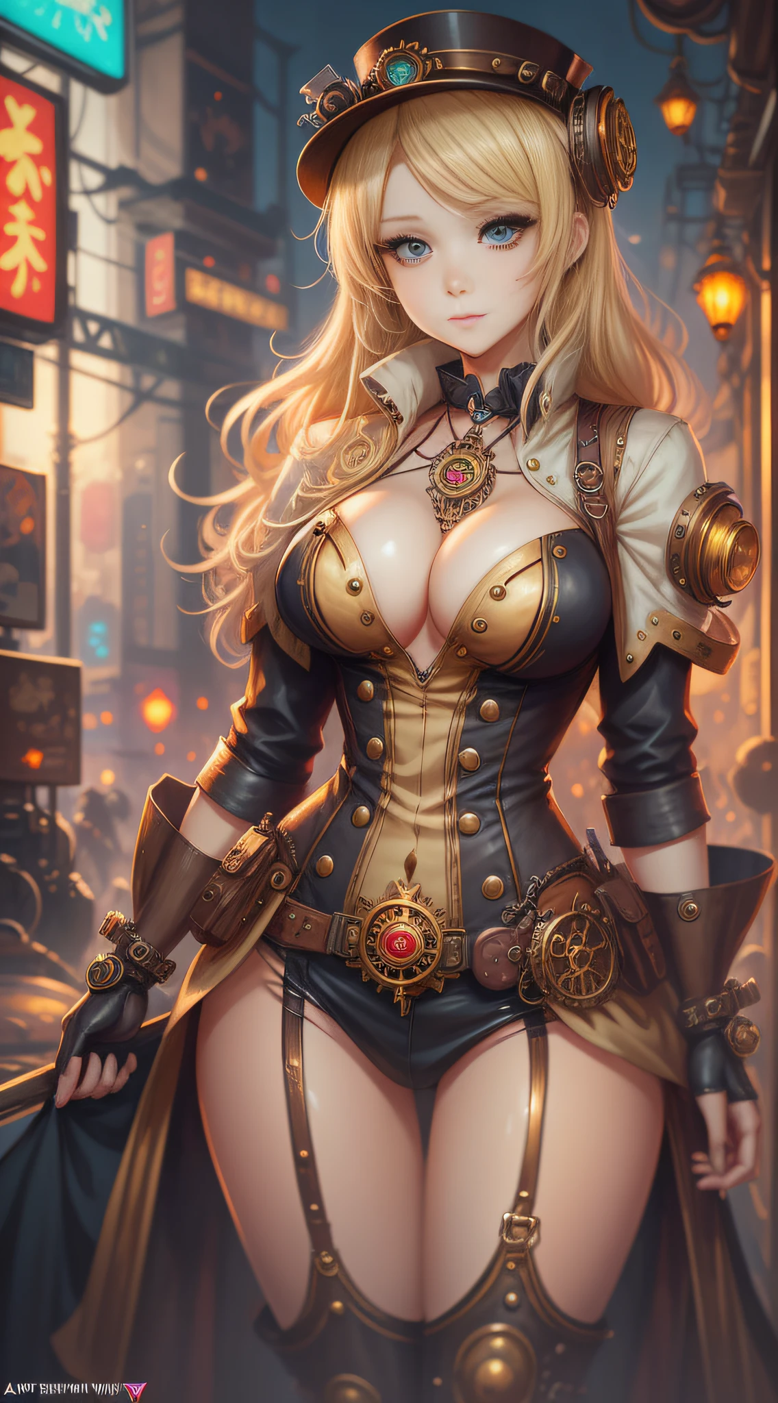 Blonde woman in steampunk costume,Guvitz at the art station Pixivív,Steampunk beautiful anime woman,Guvitz at the Pixiv Art Station,Guviz-style artwork,Kushat Krenz key art feminization,Popular on the ArtStation Pixiv,stunning character art,cyberpunk anime girl,detailed anime character art,steampunk concept art