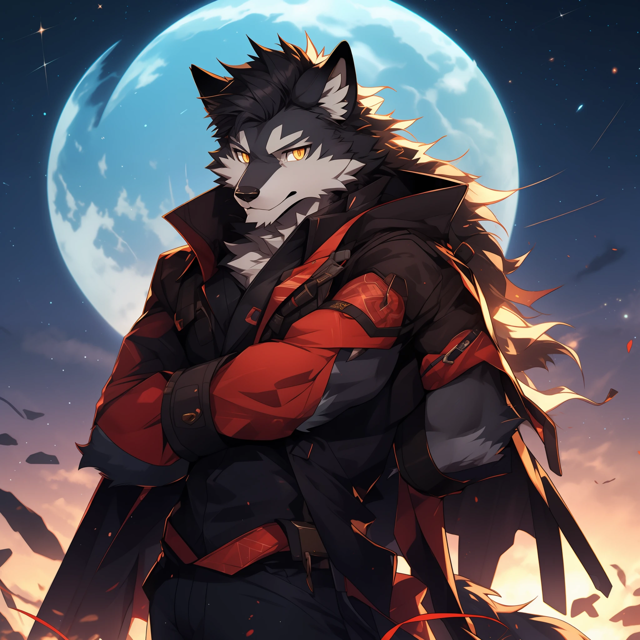 Furry，gray wolf，long whitr hair，Golden pupils，sniper gun，starrysky