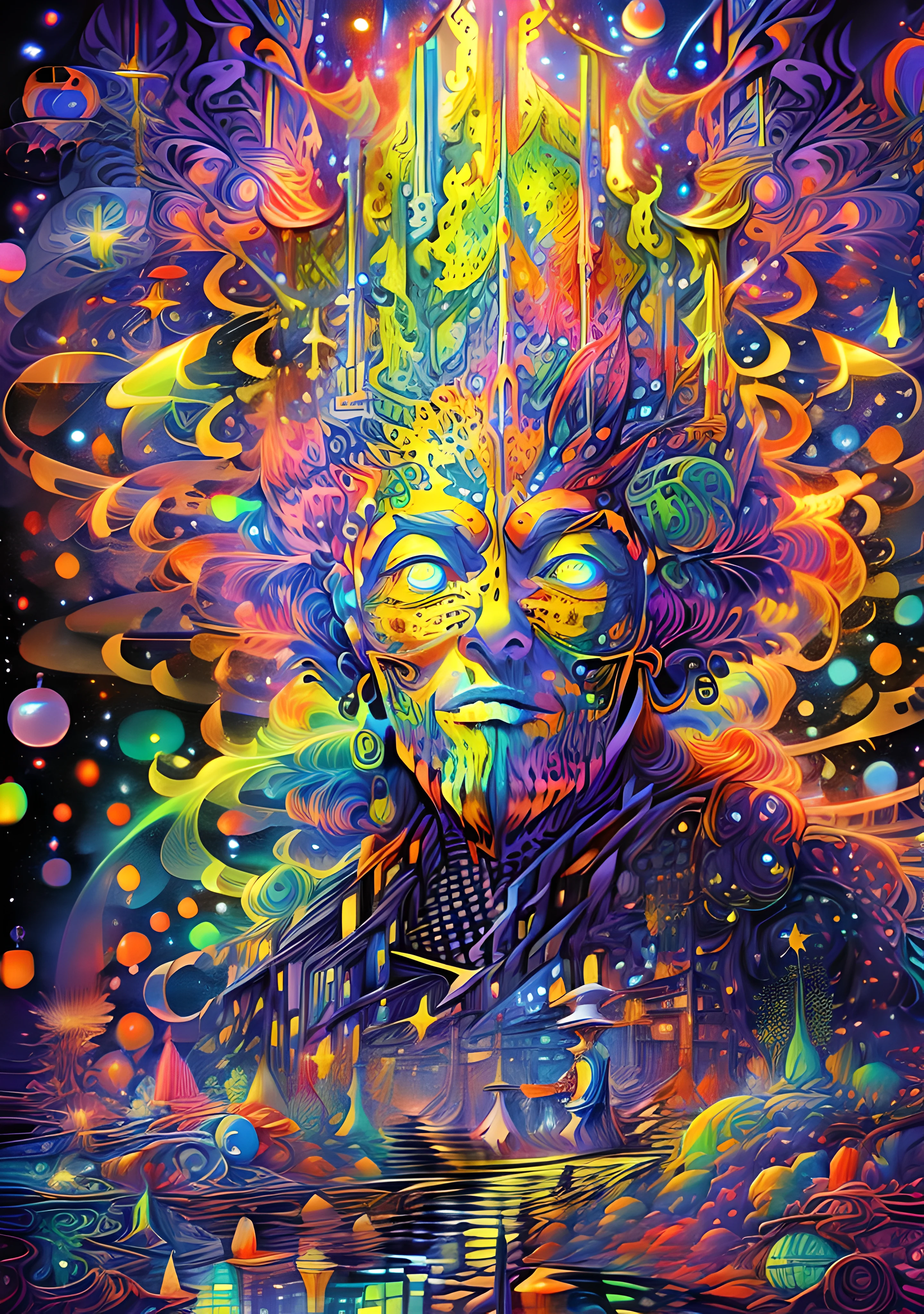 (High resolution, incredibly detailed, masterpiece), portrait of alexander shulgin, featuring fractal geometry in (vibrant colors:0.8), set against a (galactic background:1.2), bringing together complex, mesmerizing shapes and patterns,dmt ,fractal art,stars and galaxies