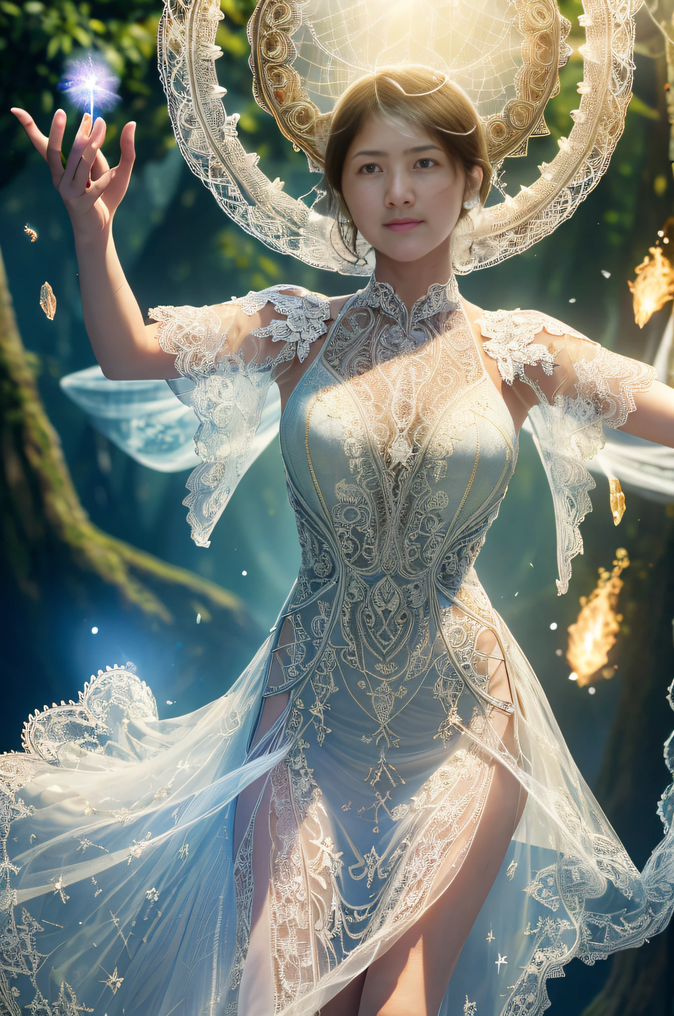 ultra realistic 8k cg, masterpiece, ultra hd, 64k,high sharpness,realistic,(light refraction:0.6),((1girl:1.2),light vortex in hand, casting holy magic,sorceresses, intricate lace dress,intricate details on dress:1.4),(white pigeons flying around:0.6),dust particles floating around reflecting light,heavenly world,magic flowing through air,soft lighting,(blush,skin texture,goosebumps:0.6),subsurface scattering,(fine details,sharp details:1.4),realistic shadows,(background: heavenly trees, yggdrasil,disney)