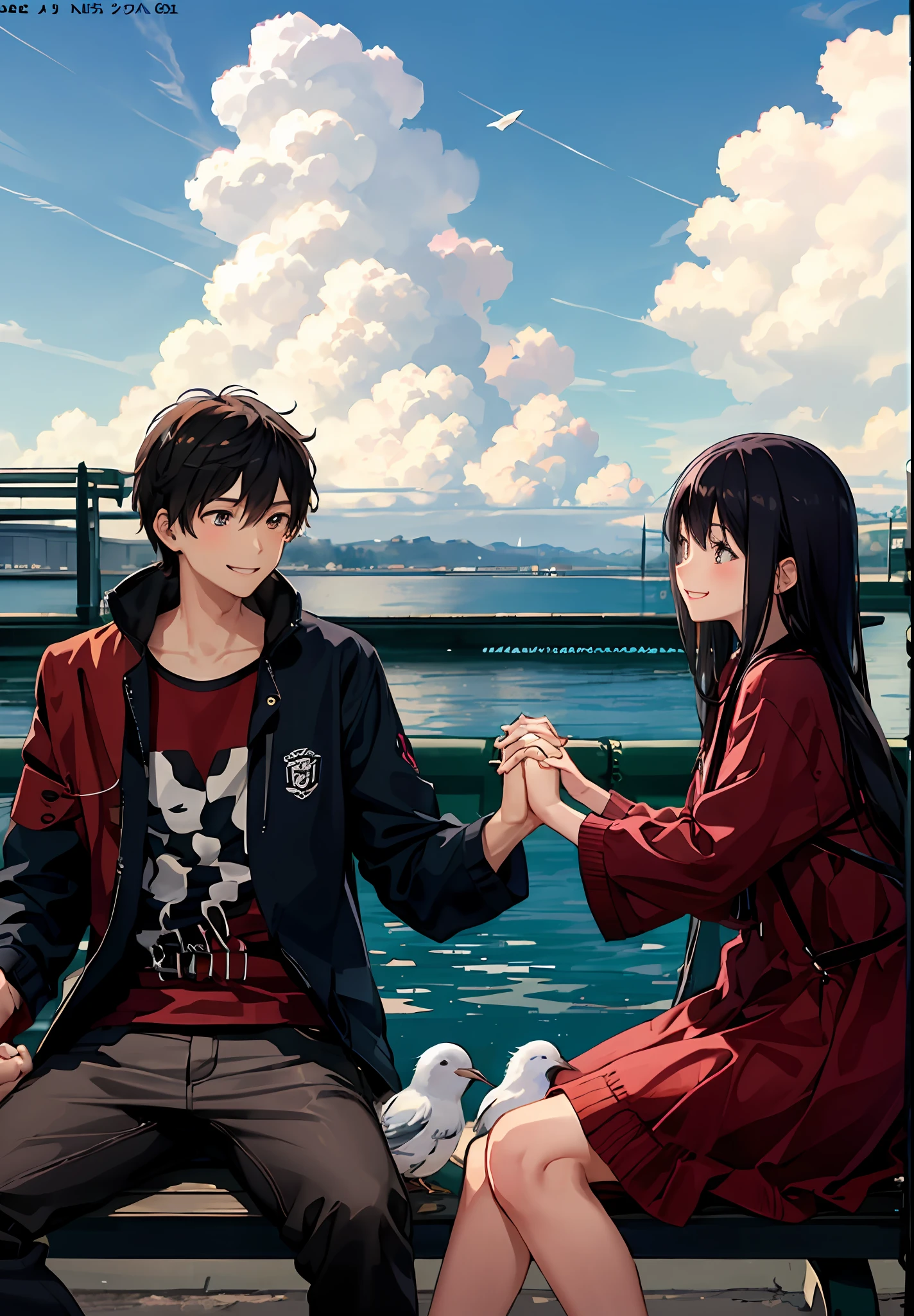 (masterpiece:1.3), best quality, official art, 1girl, 1boy, (cute:1.3), sitting on a park bench, (holding hands), smiling, blushing, (bright), (:D:0.6), sun light, cumulonimbus clouds, birds