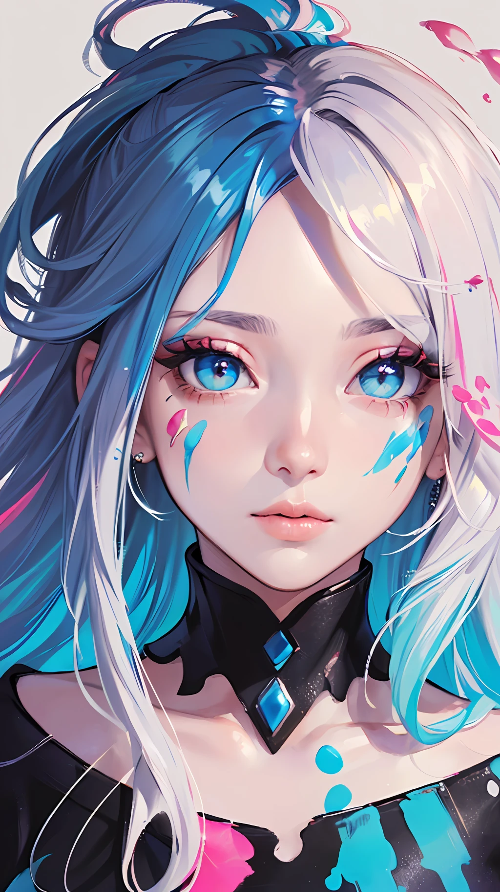 (Pink Fashion T-shirt:1.9),(Colorful hair: 1.8), (all the colours of the rainbow: 1.8),(((((vertical painting:1.6))), (painting:1.6),front, comics, illustrations, paintings, large eyes, crystal clear eyes,( rainbow color gradient high ponytail:1.7), exquisite makeup, closed mouth,(Small Fresh: 1.5),(Wipe Chest: 1.6) ,long eyelashes, white off shoulder T-shirt, White Shoulder Shirt,looking at the audience, large watery eyes, (rainbow colored hair:1.6), color splash, (solo:1.8), color splash, color explosion, thick paint style, messy lines, ((shining)),(colorful), (colorful), (colorful), colorful, Thick Paint Style, (Splash) (Color Splash), Vertical Painting, Upper Body, Paint Splash, Acrylic Pigment, Gradient, Paint, Highest Image Quality, Highest Quality, Masterpiece, Solo, Depth of Field, Face Paint, colorful clothes, (Elegant: 1.2), gorgeous,long hair, wind, (Elegant: 1.3), (Petals: 1.4),(((masterpiece))),(((best quality))),((ultra-detailed)),(illustration),(dynamic angle),((floating)),(paint),((disheveled hair)),(solo),(1girl) , (((detailed anima face))),((beautiful detailed face)),collar,bare shoulders,white hair, ((colorful hair)),((streaked hair)),beautiful detailed eyes,(Gradient color eyes),(((colorful eyes))),(((colorful background))),(((high saturation))),(((surrounded by colorful splashes))),
