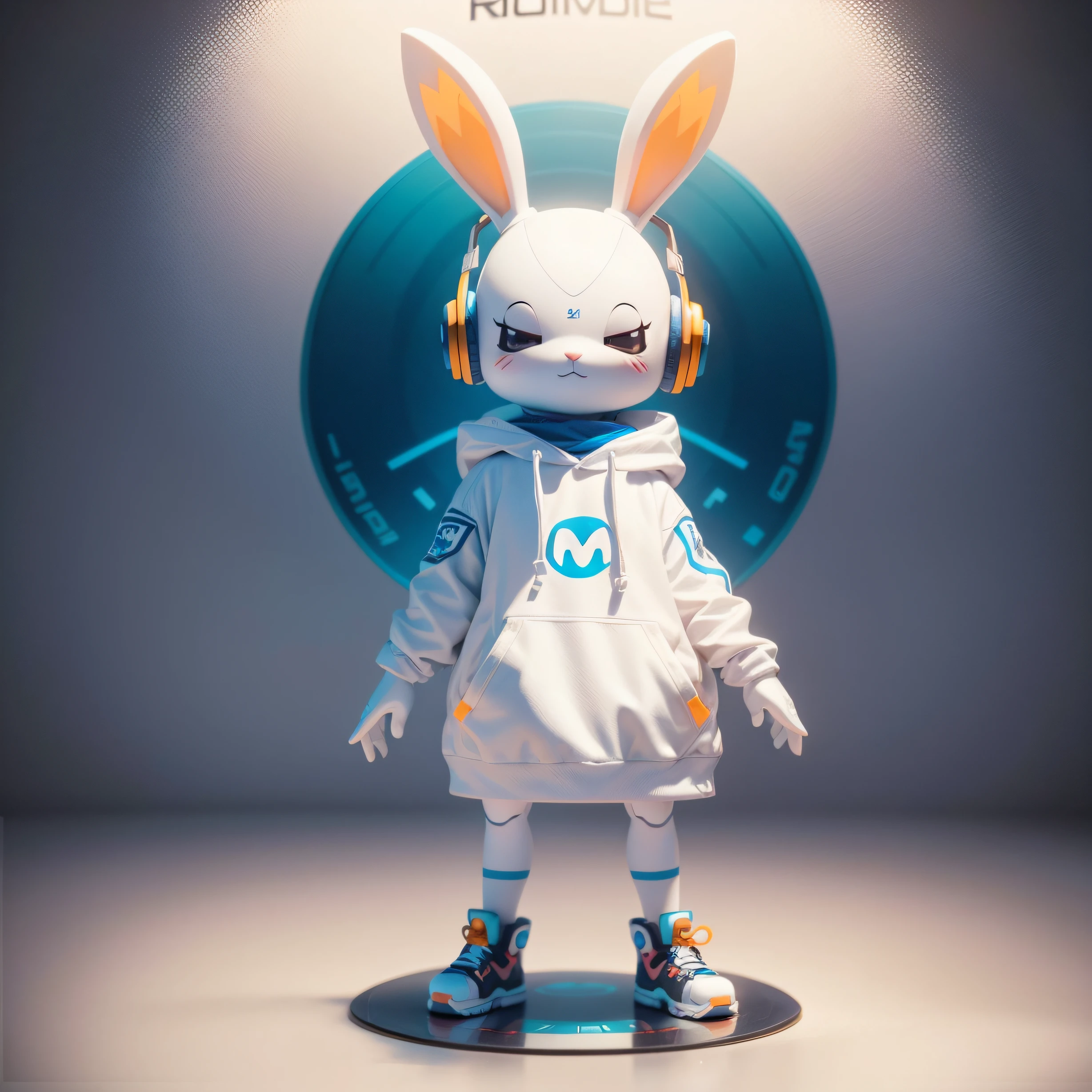 There is an esports white rabbit wearing headphones and a blue background,clean backdrop,The clothes were clean and simple、 cute 3 d render, vinyl toy figurine, cute anthropomorphic bunny, edgBunny_Character, electrixbunny, Orange coat, vinyl designer toy, toon render keyshot, vinyl action figure, high res render, 3 d render stylized, rabbit robot,Cool,sci-fy,Young