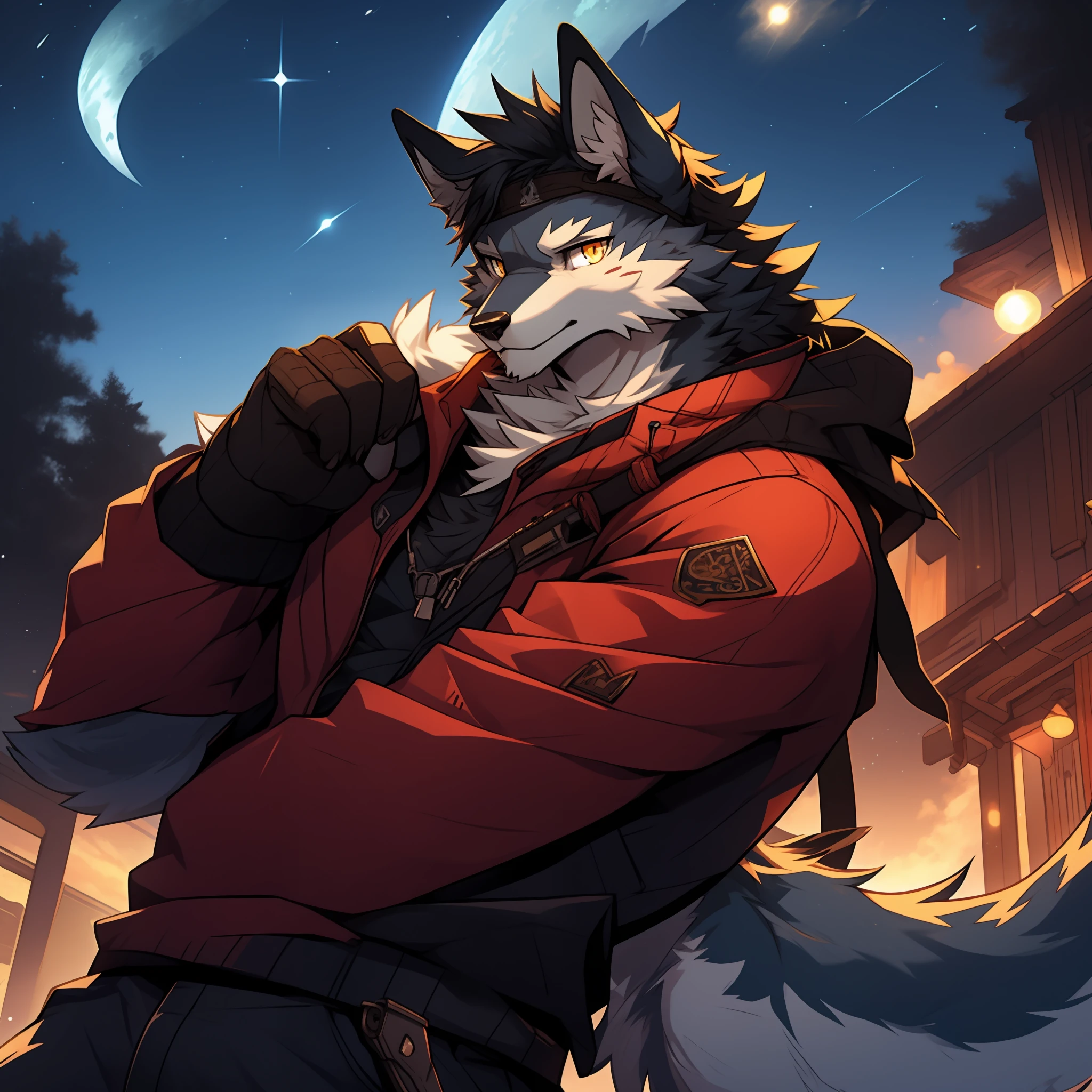 Furry,gray wolf,long whitr hair,Golden pupils,sniper gun,starrysky