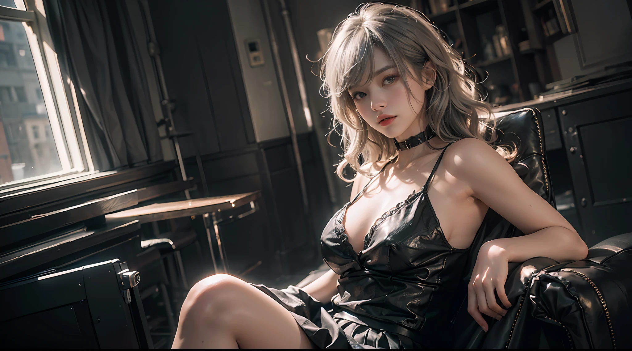 (Extreme Detail CG Unity 8K Wallpapers、​masterpiece、top-quality)、hyper realistic photography、RAW Photography、one girls、Gorgeous young woman、50cm long black leather tight skirt、(large natural breasts)、waistline、Dolce、Captivating、People watching、wind blown hair、A sexy、独奏、cute little、fullbody image(exquisite lighting and shadow、highly dramatic picture、Cinematic lens effect)、Silver-gray hair color、sitting in the chair、 dynamicposes)、(excellent details、outstanding lighting、wide angles)、(Excellent rendering)、(realisitic、Photorealsitic:1.37)、