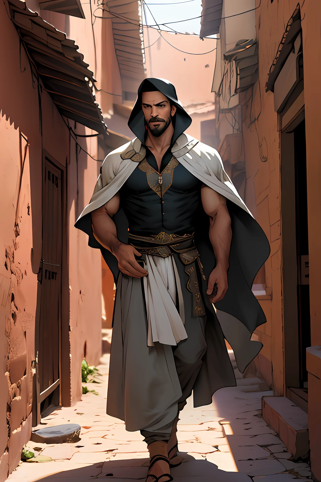 Best quality, masterpiece, ghost of marrakesh, ultra high res,detailed background,realistic,hadesstyle,solo,male,mature,bara,muscular,mature male,short hair,facial hair, arabe guy, wear arabian clothing, old marakesh alley, \(theme\),dark fantasy,evil,cape,depth of field