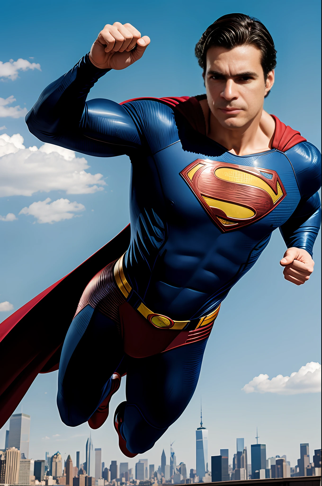 retrato de corpo inteiro do superman, with classic costume, christopher reeve, homem de 40 anos, bem magro, estatura de (1,80), corte de cabelo curto de estilo militar, latino-americano, HD, Retrato digital, majo, Artistic Station, comiс style, por artgerm, Cara Denning, Jakub Rozalski, Magali Villeneuve e Charlie Bowater, ao fundo a cidade de Nova York