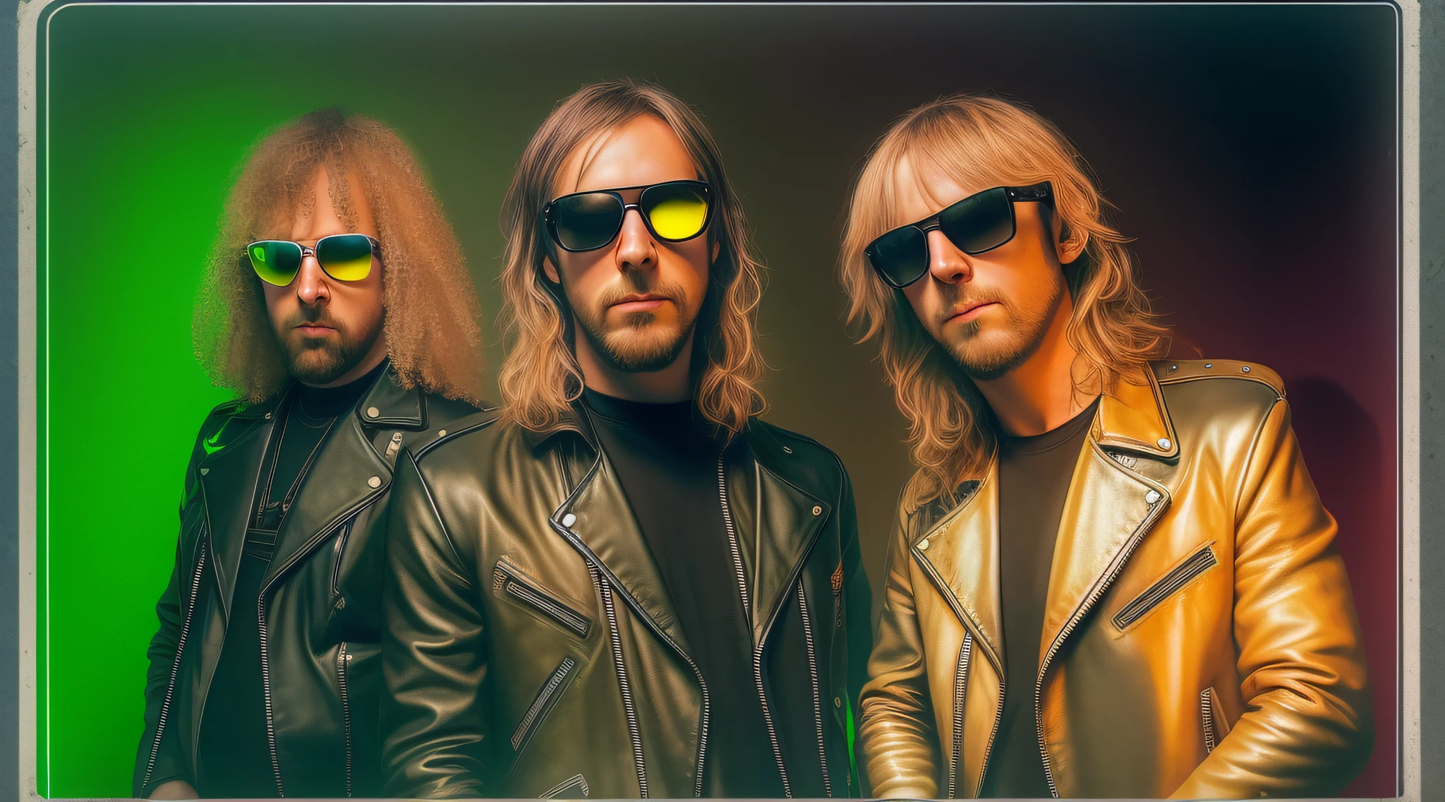 3 BLONDE BOYS LONG HAIRED, in black leather jackets and sunglasses, HALF BODY, SOFT GREEN BACKGROUND LIGHTS, posing for a photo, high quality photo, very low quality image, heavy rock band promotional photo, phosphorescent, heavy metal band promo, photo of a promotional session, very high quality, war photo, the scooter (EDM band, sinister vibe, the name of the band is Roborock