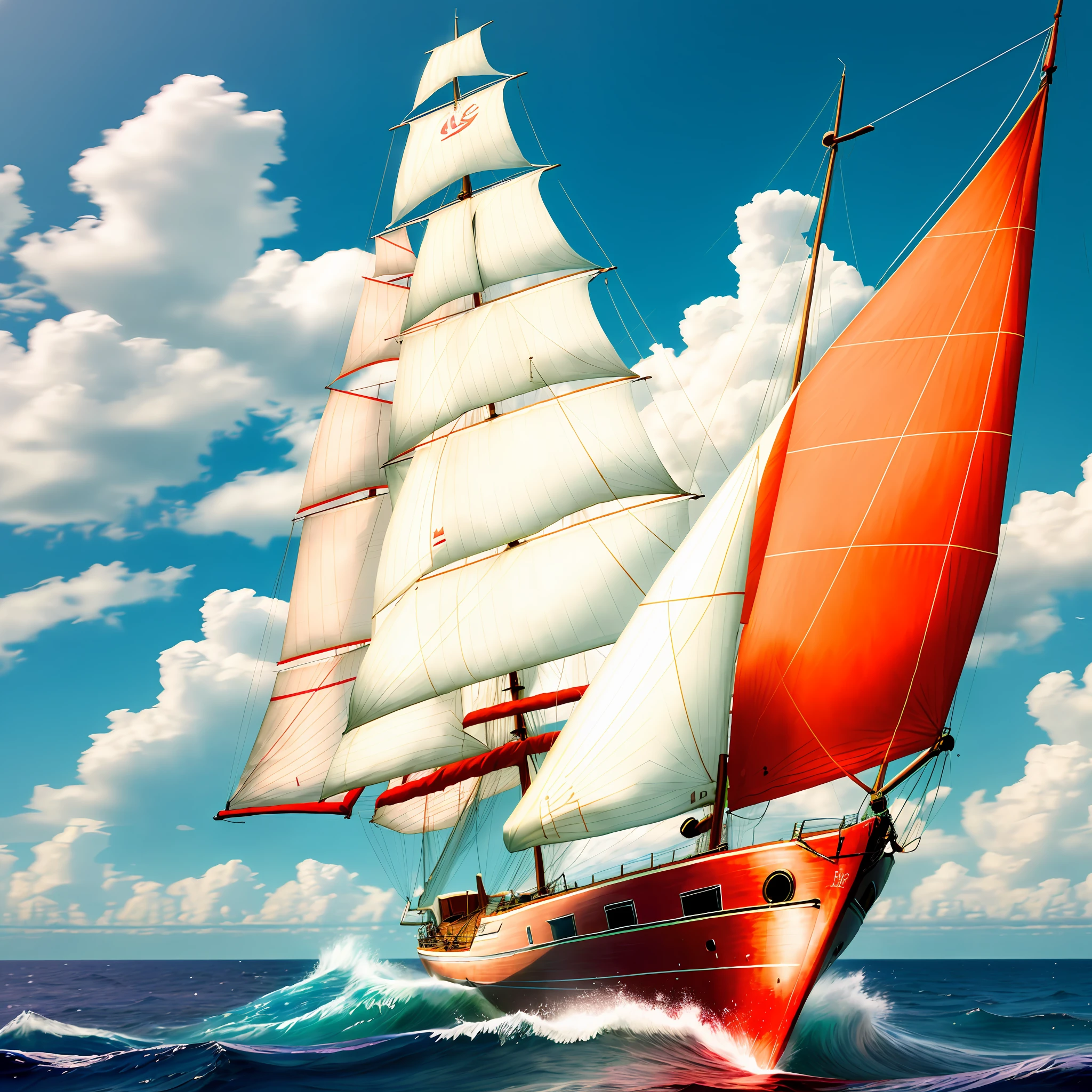 Within a circular frame，Five-color sails：Red, orange, green, blue and purple，Close-up of the sail，Sailboat Razorback，Show the sailing ship in its entirety，Sea sky blue background，Sailing accelerates，riding the wave，farsightedness，k hd