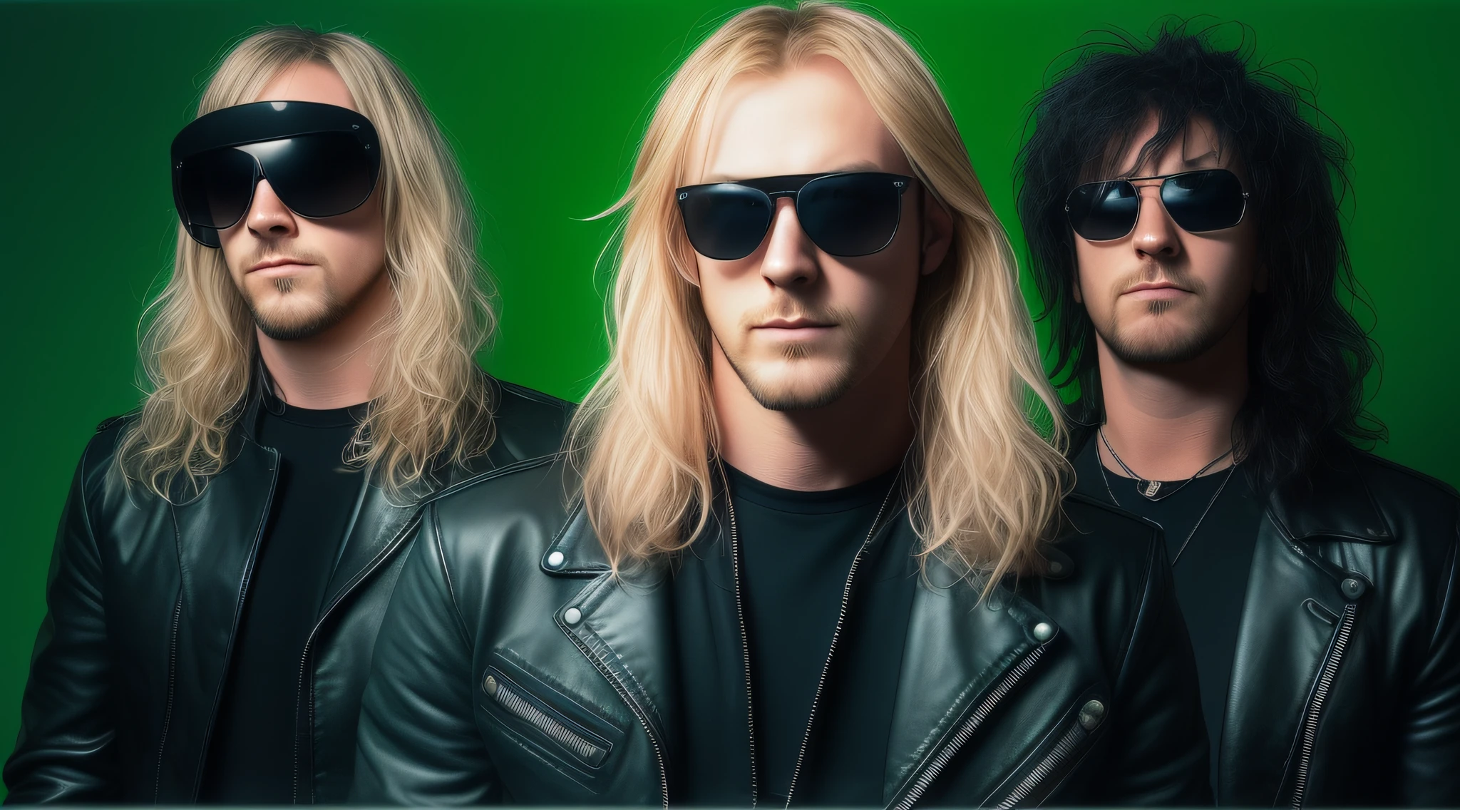 3 BLONDE BOYS LONG HAIRED, in black leather jackets and sunglasses, HALF BODY, SOFT GREEN BACKGROUND LIGHTS, posing for a photo, high quality photo, very low quality image, heavy rock band promotional photo, phosphorescent, heavy metal band promo, photo of a promotional session, very high quality, war photo, the scooter (EDM band, sinister vibe, the name of the band is Roborock