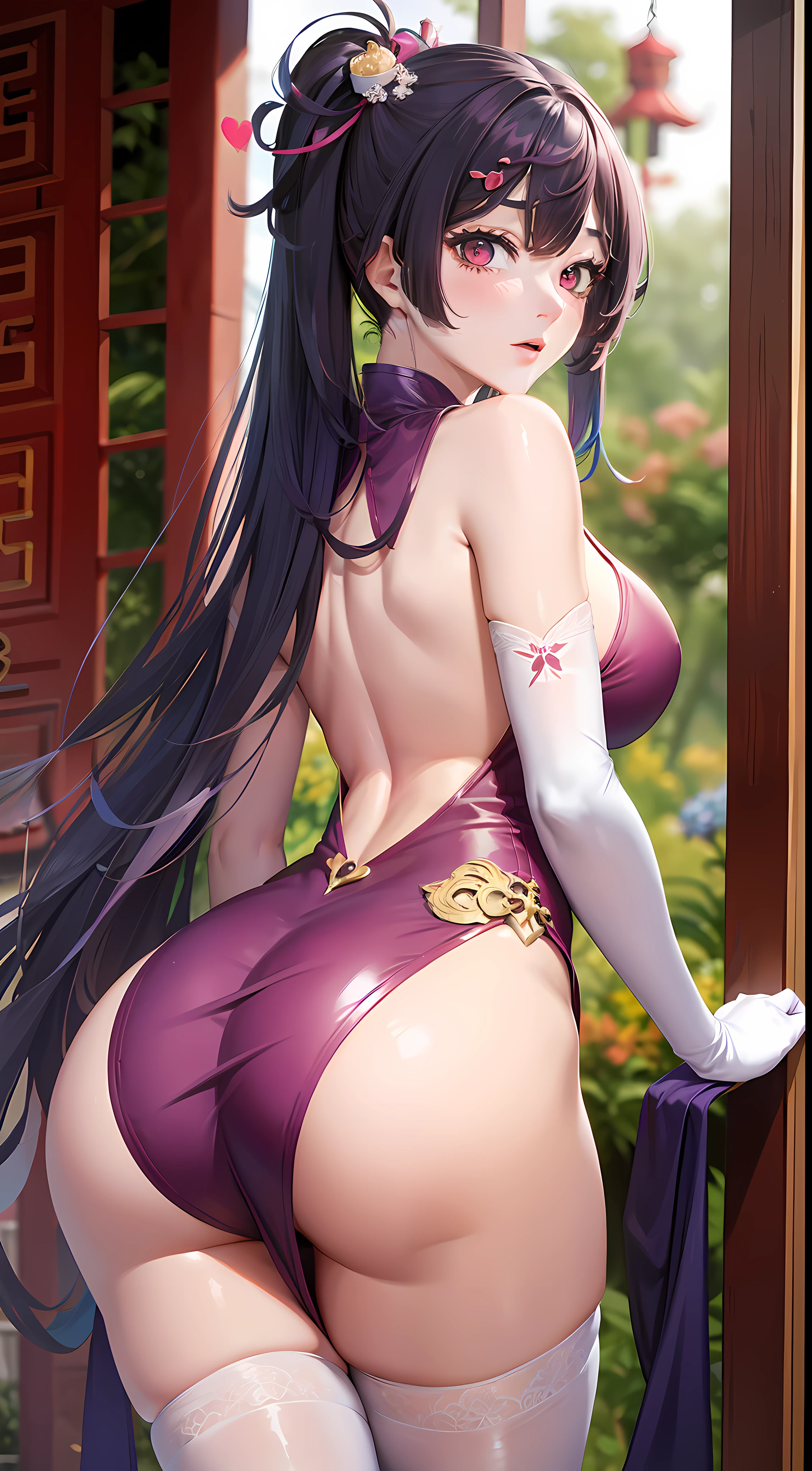 Large breasts, Blue hair, double tails, upper legs, white thighhighs, Pink clothes, Long legs, No bra, High heel, Pink eyes, Heart eyes, heart shaped breasts, Bare_hindquarters, bangs, areola of breast, Elbow gloves, Chinese dress, Fat ass, hair tying, wears_navel, Looking_at_peeping at the viewer, Arms_Behind_Head, Blush, latex, Sleeveless_dress, Tights, Long hair, cosplay,Fantastic，The back of the hand is behind the back，Hands up behind your head，Broad lighting，Glossy Clothes,Chinese-style architecture，China-style，gazebo，Lace，laughingly，Quaint，Tight cheongsam，Flowing cheongsam，Sit，Chinese style cheongsam，on cheongsam，Gold ornaments，