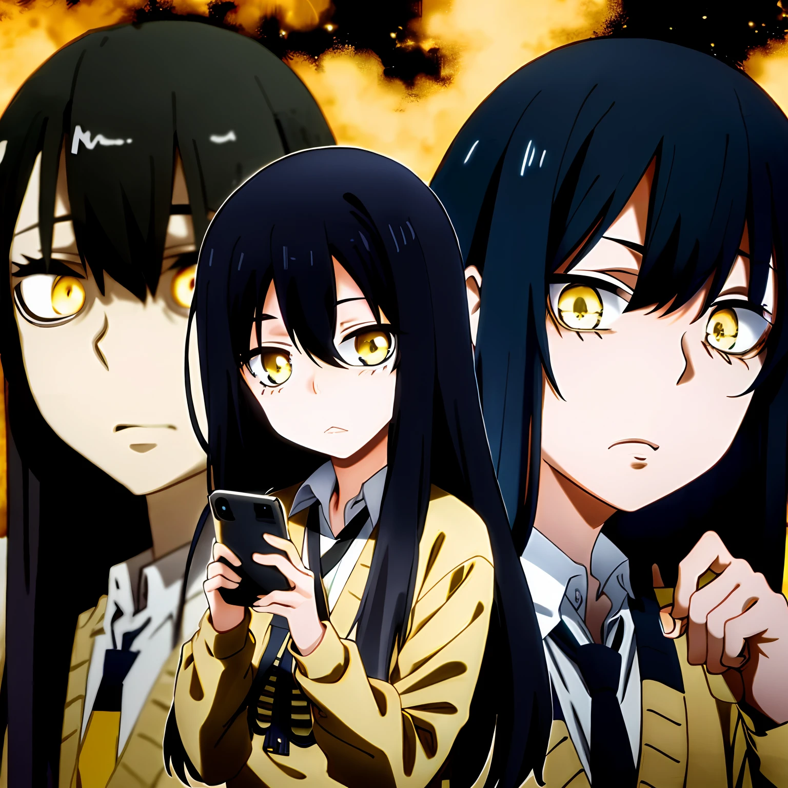 mieruko, miko_yotsuya, 1girl, scared, holding phone, yellow sweater, black tie, school uniform, yellow detailed eyes, long black hair, big eyes, detailed pupils, detailed shading, detailed lighting, (horror \(theme\):1.25), outdoors, creepy background, creepy monster, monster, ghosts in background