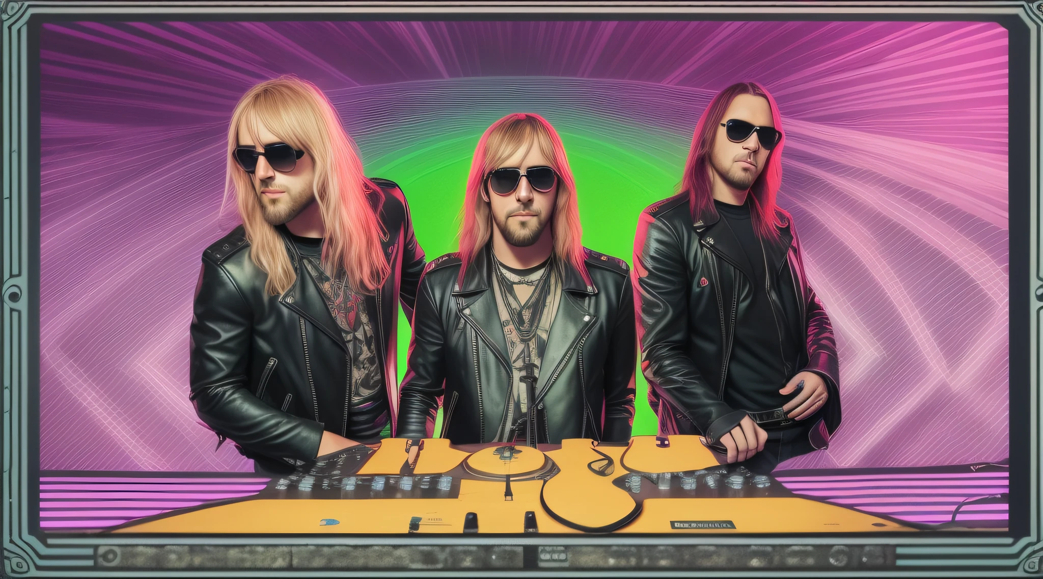 3 BLONDE BOYS LONG HAIRED, in black leather jackets and sunglasses, HALF BODY, SOFT GREEN BACKGROUND LIGHTS, posing for a photo, high quality photo, very low quality image, heavy rock band promotional photo, phosphorescent, heavy metal band promo, photo of a promotional session, very high quality, war photo, the scooter (EDM band, sinister vibe, the name of the band is Roborock