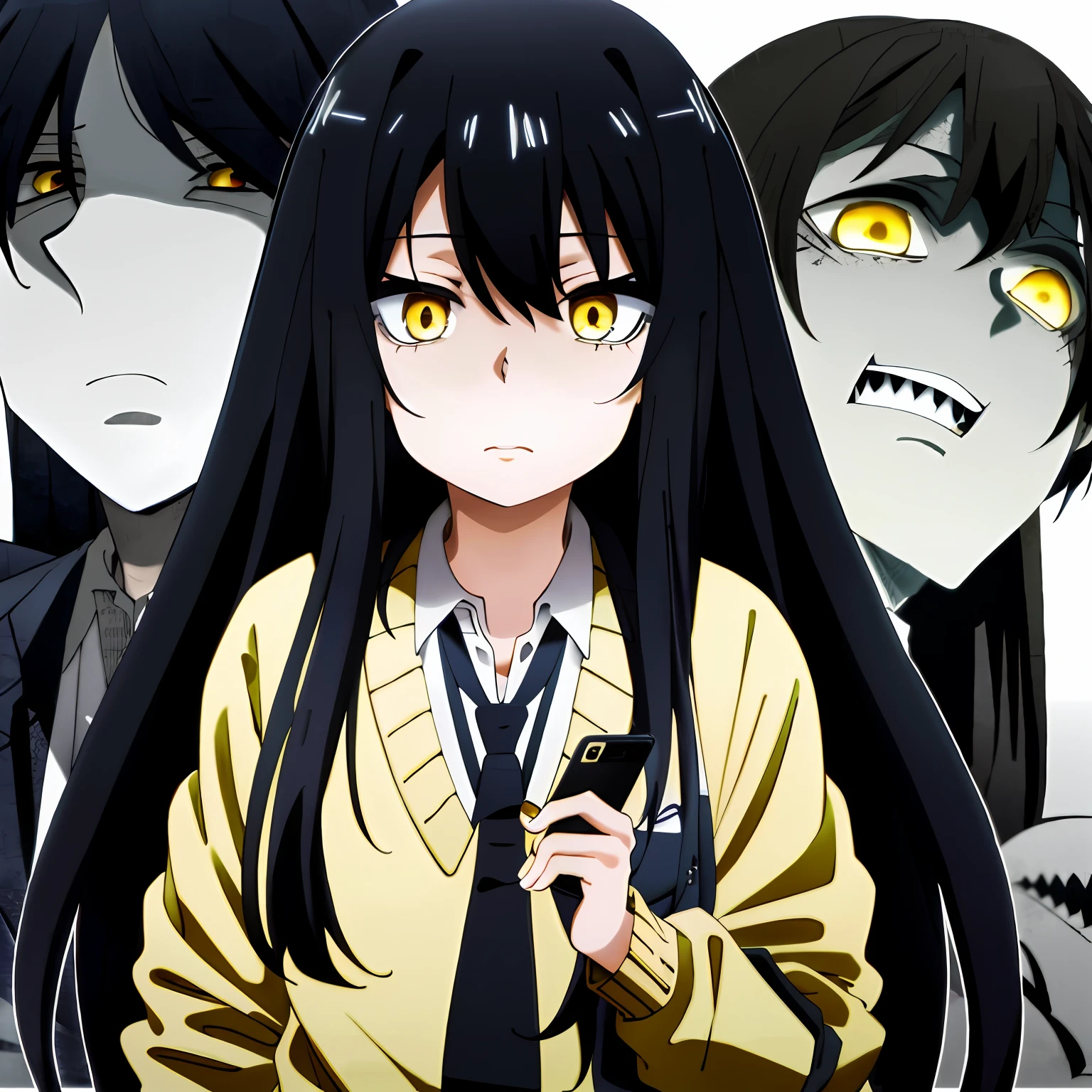 mieruko, miko_yotsuya, 1girl, scared, holding phone, yellow sweater, black tie, school uniform, yellow detailed eyes, long black hair, big eyes, detailed pupils, detailed shading, detailed lighting, (horror \(theme\):1.25), outdoors, creepy background, creepy monster, monster, ghosts in background