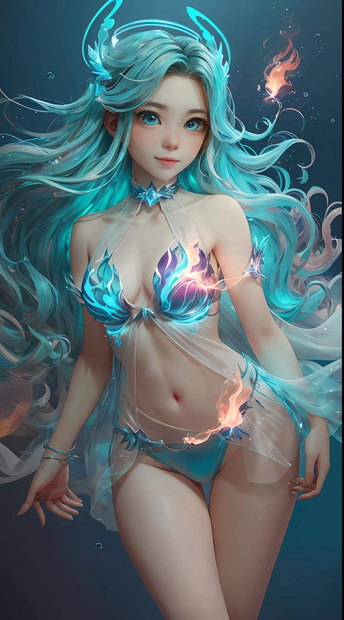 ((best qualtiy)), ((tmasterpiece)), ((Realistis)), sportrait,1girll,full-body portraits, Um ser celestial, Deities, goddes, light particules, Halo, looking at viewert, Firm eyes, exposed bare shoulders, Chest tube parietal, (Bio-luminescence:0.9 Girls 5)the ocean, Bio-luminescence, Full of energy, vibrant with colors,,,,, colours, (Bio-luminescence, Bio-luminescence), (美丽的构图), 电影灯光, (对称:0.5 Girls), whimsically,