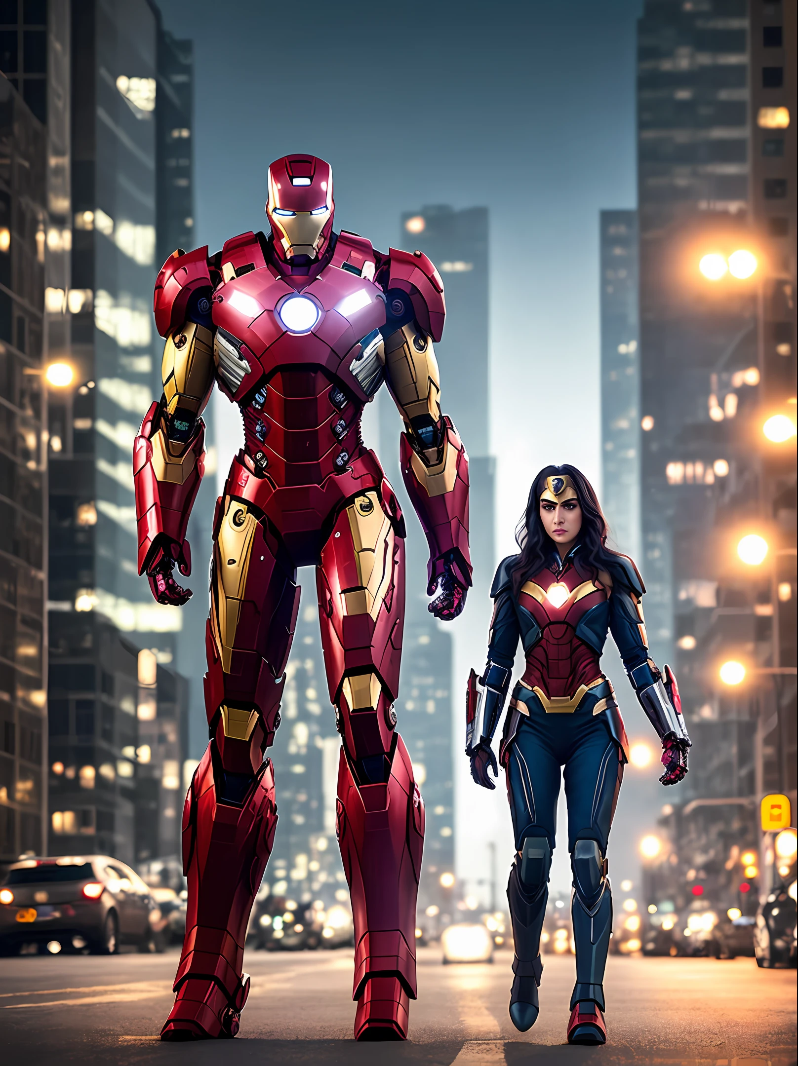 8k, realistic, attractive, highly detailed, a 20 year old wonder woman and attractive woman inspired by Iron Man wearing a shiny Iron Man mech. She dresses with sexiness and confidence, perfectly interpreting Iron Man's strength and charisma. In a cyberpunk-style city night scene, a sexy and attractive woman takes Iron Man's cosplay as the theme. Wearing a shiny Iron Man mech, she stands on a street lined with tall buildings. The night lights of the city are bright, reflecting on her mecha, adding a sense of future technology. The surrounding buildings and streets are full of cyberpunk elements, such as neon lights, high-tech devices and futuristic architectural designs. The whole scene is full of futuristic and sci-fi atmosphere. This high-definition, high-quality picture will bring you stunning visual enjoyment, a perfect combination of sexy, futuristic and sci-fi elements. oc rendering, dramatic lighting, award winning quality