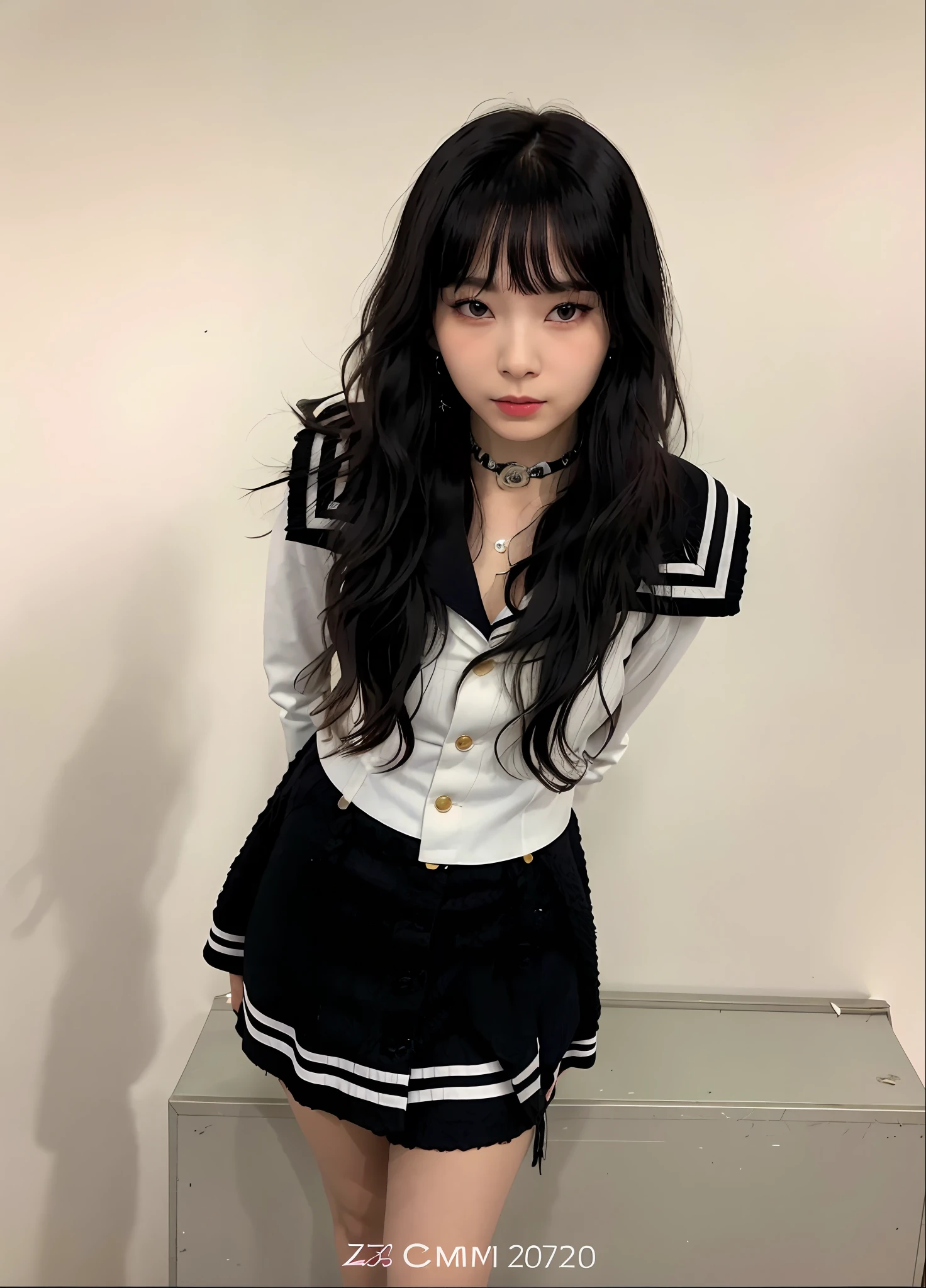 arafed asian woman in a sailor outfit posing for a picture, ulzzangs, loose coat collar sailor uniform, She has black hair，By bangs, sakimichan, full-body xianxia, Sailor uniform, black hair and white bangs, With bangs, Long black hair with bangs, long whitr hair，Thick bangs, white hime cut hairstyle, with full bangs