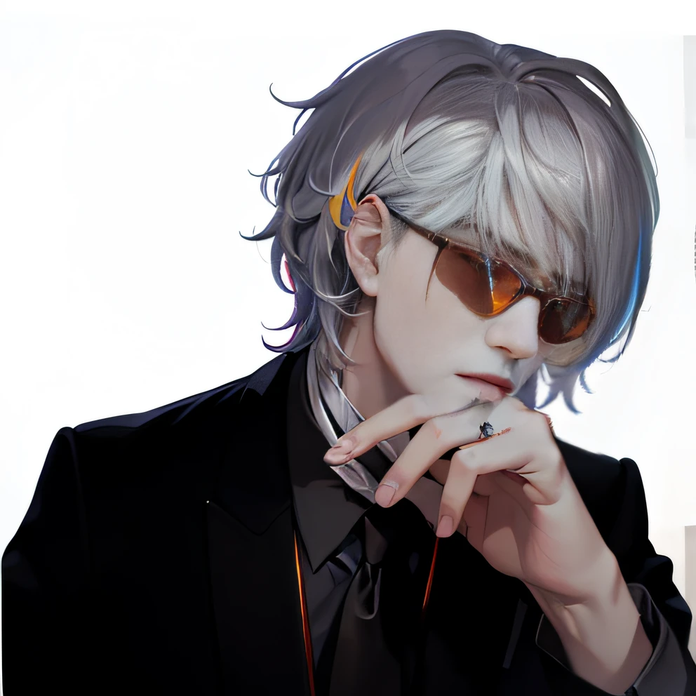 (masterpiece+best quality), white  hair(floating+multi-colored hair:1.3+silver hair:1.2), Dark atmosphere, Black tie、Young men(emphasis+side view),Cheek cane、Enigmatic atmosphere, Wine-colored shirt, Dark orange sunglasses, Very dark background。