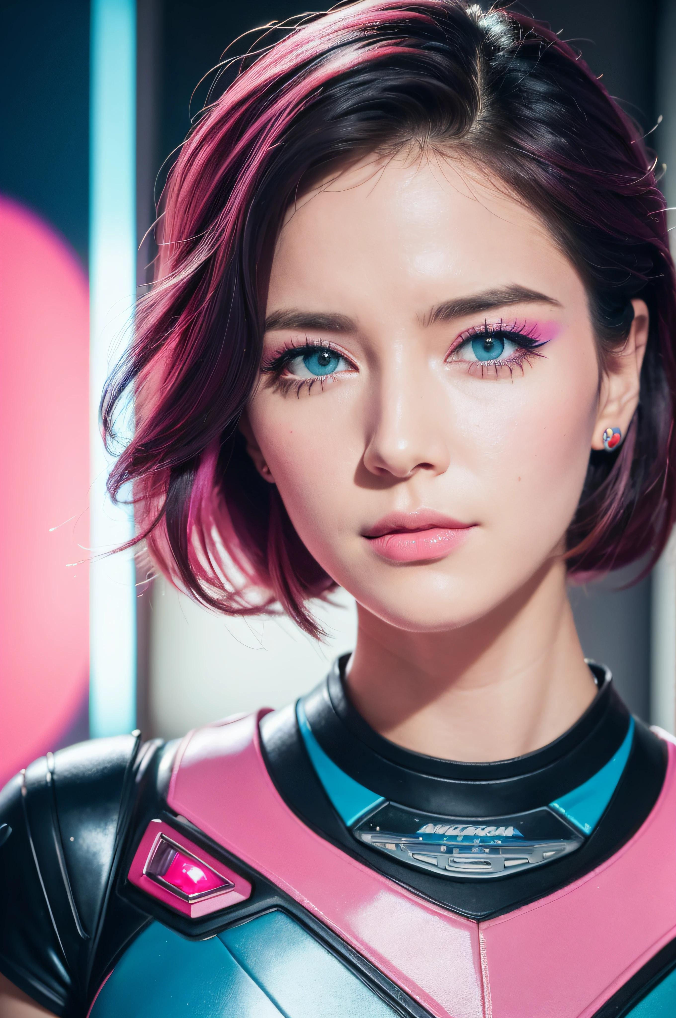 a sexual pink, wears a pastel costume, in the style of anaglyph filter, patrick nagel, rainbowcore, robotic expressionism, perry rhodan, john trumbull, (masterpiece:1.5) (photorealistic:1.1) (bokeh) (best quality) (detailed) (intricate) (8k) (HDR) (wallpaper) (cinematic lighting) (sharp focus on eyes) (skin texture:1.2)