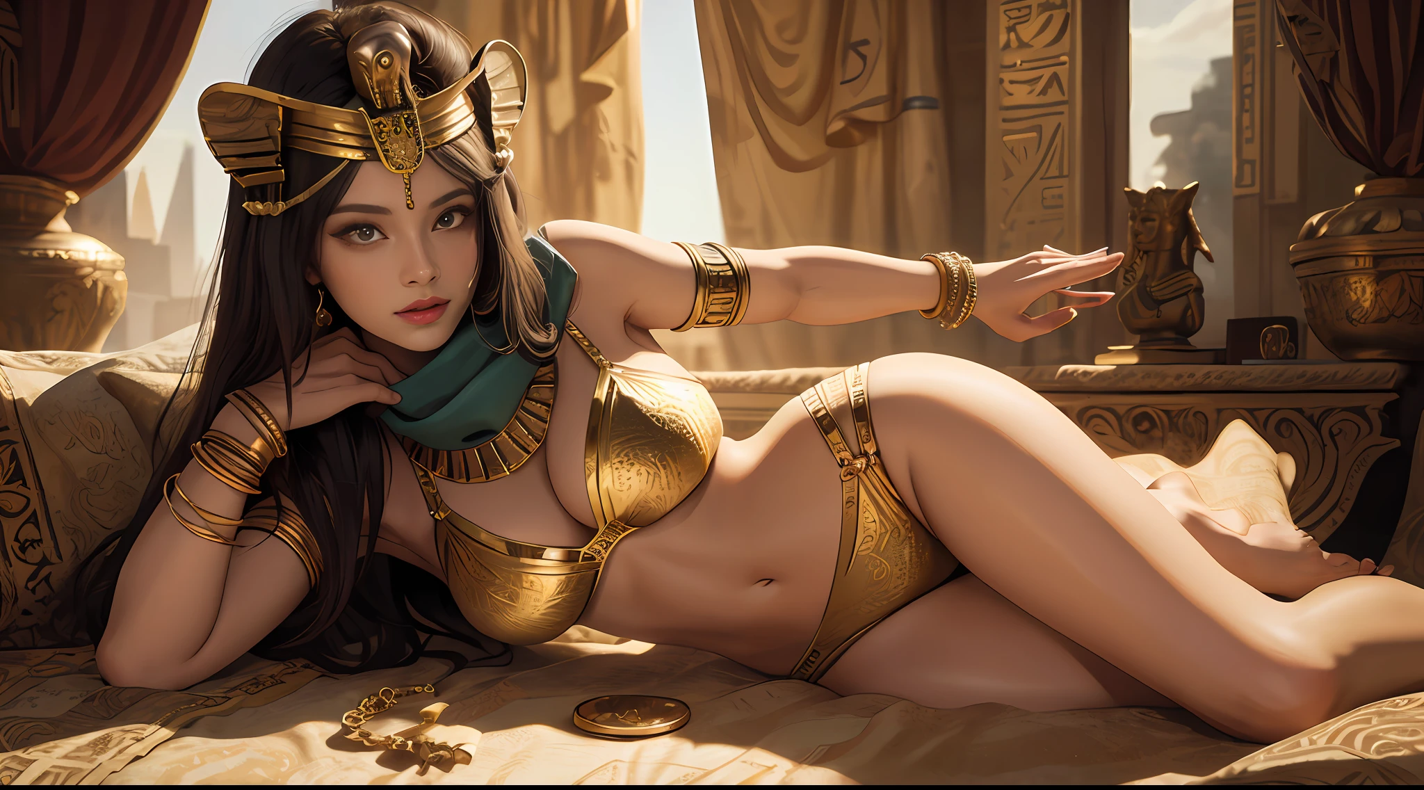 (((sfw))), wide panorama,
 (1women:1.2), (solo:1.2),   mature, adult, 30 years, egyptian, pharaoh,     ( beautiful egyptian queen Cleopatra (half-lying, resting) on the gold sofa ), Lying on the side,          ( a detailed Cheetah laying next to her like sphinx ),   BREAK      
 detailed face,   (busty), ( large hanging breasts),  covered nippleslips, open beautiful tummy,open shoulders,barefoot, wide hips, [[ detailed knees and foot ]], [[detailed uncovered straight legs]],     mulatto, dark skinned,detailed dark short hair,          
   golden silk bra, golden silk thong, [ chests-strap,loincloth aside ],  [gold armor],       egyptian face makeup, Egyptian striped head scarf, [slim gold body chains], long eyelashes, languishing look,       
   full body view, resting pose, proud and majestic, staged cosplay photo,        epic historical shoot, ancient shoot,  a shoot from ancient Egypt,  
   brimming with gold, precious gems, and magnificent drapery, gold jewelry, bracelets, beauty,         
   detailed face, detailed pupils, detailed iris of eyes, detailed color contact lenses, best combination of 5fingers,perfect detailed body, correct humanoid anatomy,         best quality, masterpiece, small detailed, high-resolution, intricate details,