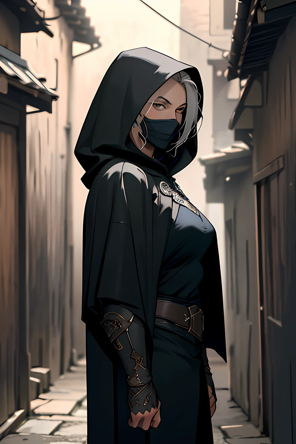 Best quality, masterpiece, thief, hiding face, ultra high res,detailed background,realistic,hadesstyle,solo,female,mature,bara,muscular,mature, female, wearing hood, \(theme\),dark fantasy,evil,cape,depth of field