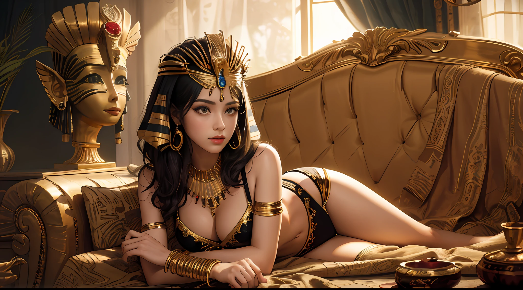 (((sfw))), wide panorama,
 (1women:1.2), (solo:1.2),   mature, adult, 30 years, egyptian, pharaoh,     ( beautiful egyptian queen Cleopatra (half-lying, resting) on the gold sofa ), Lying on the side,          ( a detailed Cheetah laying next to her like sphinx ),   BREAK      
 detailed face,   (busty), ( large hanging breasts),  covered nippleslips, open beautiful tummy,open shoulders,barefoot, wide hips, [[ detailed knees and foot ]], [[detailed uncovered straight legs]],     mulatto, dark skinned,detailed dark short hair,          
   golden silk bra, golden silk thong, [ chests-strap,loincloth aside ],  [gold armor],       egyptian face makeup, Egyptian striped head scarf, [slim gold body chains], long eyelashes, languishing look,       
   full body view, resting pose, proud and majestic, staged cosplay photo,        epic historical shoot, ancient shoot,  a shoot from ancient Egypt,  
   brimming with gold, precious gems, and magnificent drapery, gold jewelry, bracelets, beauty,         
   detailed face, detailed pupils, detailed iris of eyes, detailed color contact lenses, best combination of 5fingers,perfect detailed body, correct humanoid anatomy,         best quality, masterpiece, small detailed, high-resolution, intricate details,