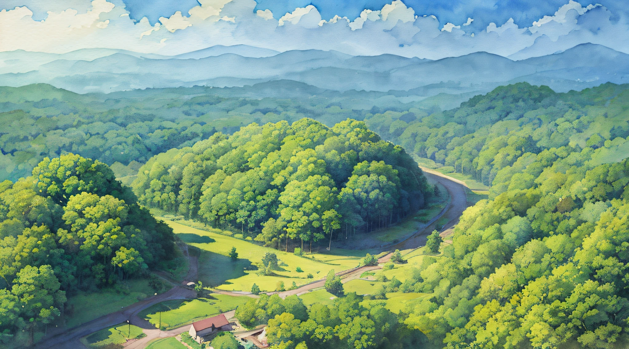 Totoro Forest, nature, aerial view, (Early morning: 1.2), ((Natural lighting)), Clear Focus, (Long shot: 1.1), (Watercolor 1.2), Painting, (Spring: 1.2), Studio Ghibli