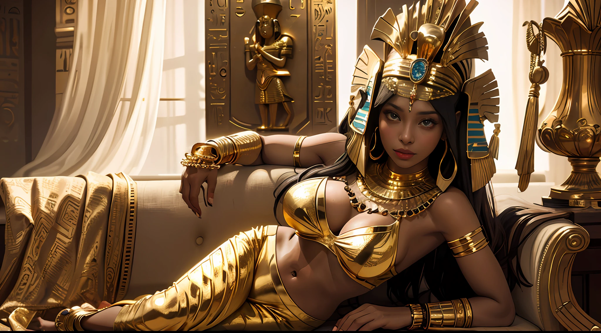 (((sfw))), wide panorama,
 (1women:1.2), (solo:1.2),   mature, adult, 30 years, egyptian, pharaoh,     ( beautiful egyptian queen Cleopatra (half-lying, resting) on the gold sofa ), Lying on the side,          ( a detailed Cheetah laying next to her like sphinx ),   BREAK      
 detailed face,   (busty), ( large hanging breasts),  covered nippleslips, open beautiful tummy,open shoulders,barefoot, wide hips, [[ detailed knees and foot ]], [[detailed uncovered straight legs]],     mulatto, dark skinned,detailed dark short hair,          
   golden silk bra, golden silk thong, [ chests-strap,loincloth aside ],  [gold armor],       egyptian face makeup, Egyptian striped head scarf, [slim gold body chains], long eyelashes, languishing look,       
   full body view, resting pose, proud and majestic, staged cosplay photo,        epic historical shoot, ancient shoot,  a shoot from ancient Egypt,  
   brimming with gold, precious gems, and magnificent drapery, gold jewelry, bracelets, beauty,         
   detailed face, detailed pupils, detailed iris of eyes, detailed color contact lenses, best combination of 5fingers,perfect detailed body, correct humanoid anatomy,         best quality, masterpiece, small detailed, high-resolution, intricate details,