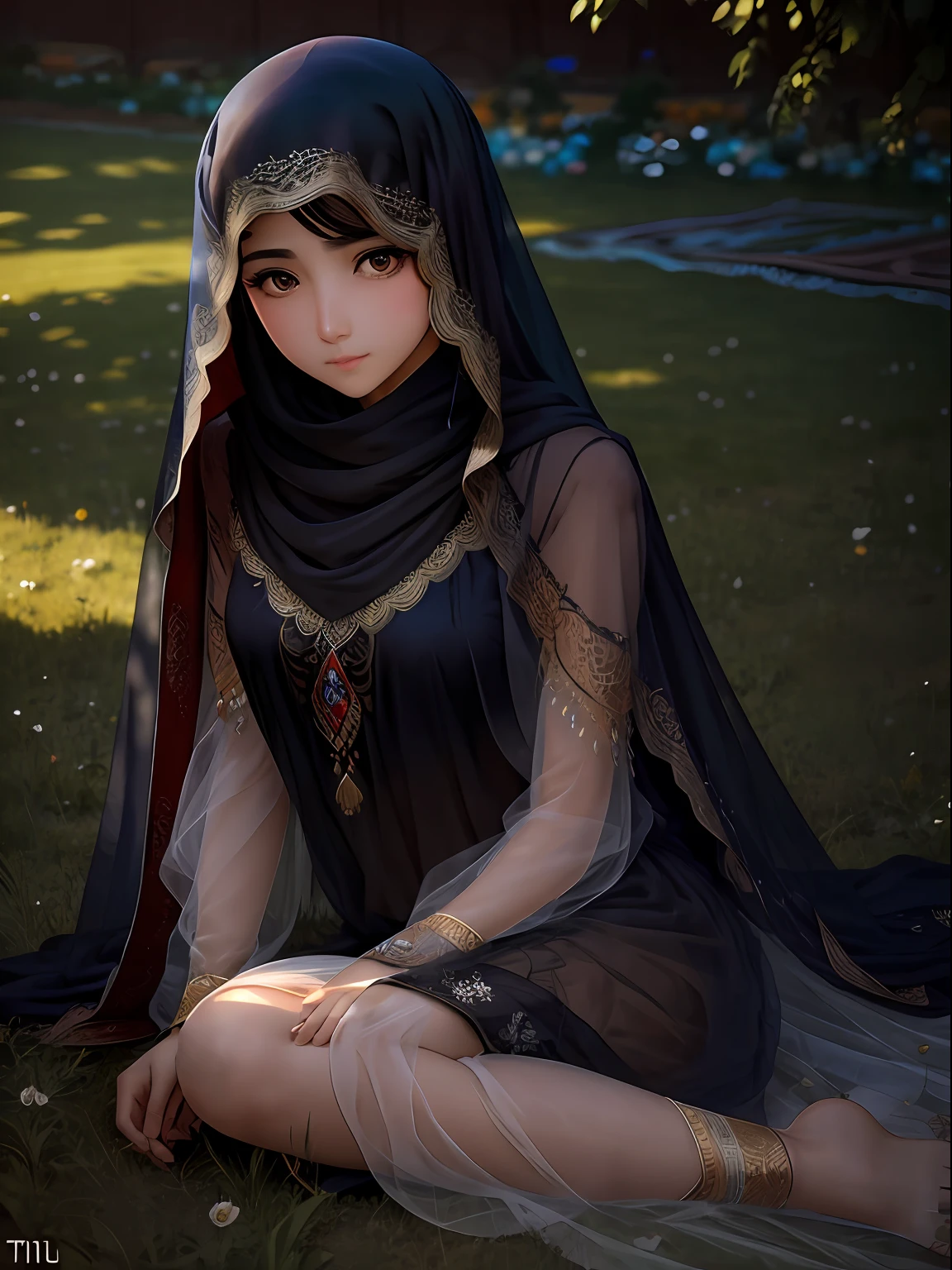 Afghan beautiful girl,Only a thin veil of transparent tulle is draped,Sitting on the grass in the garden。 --auto