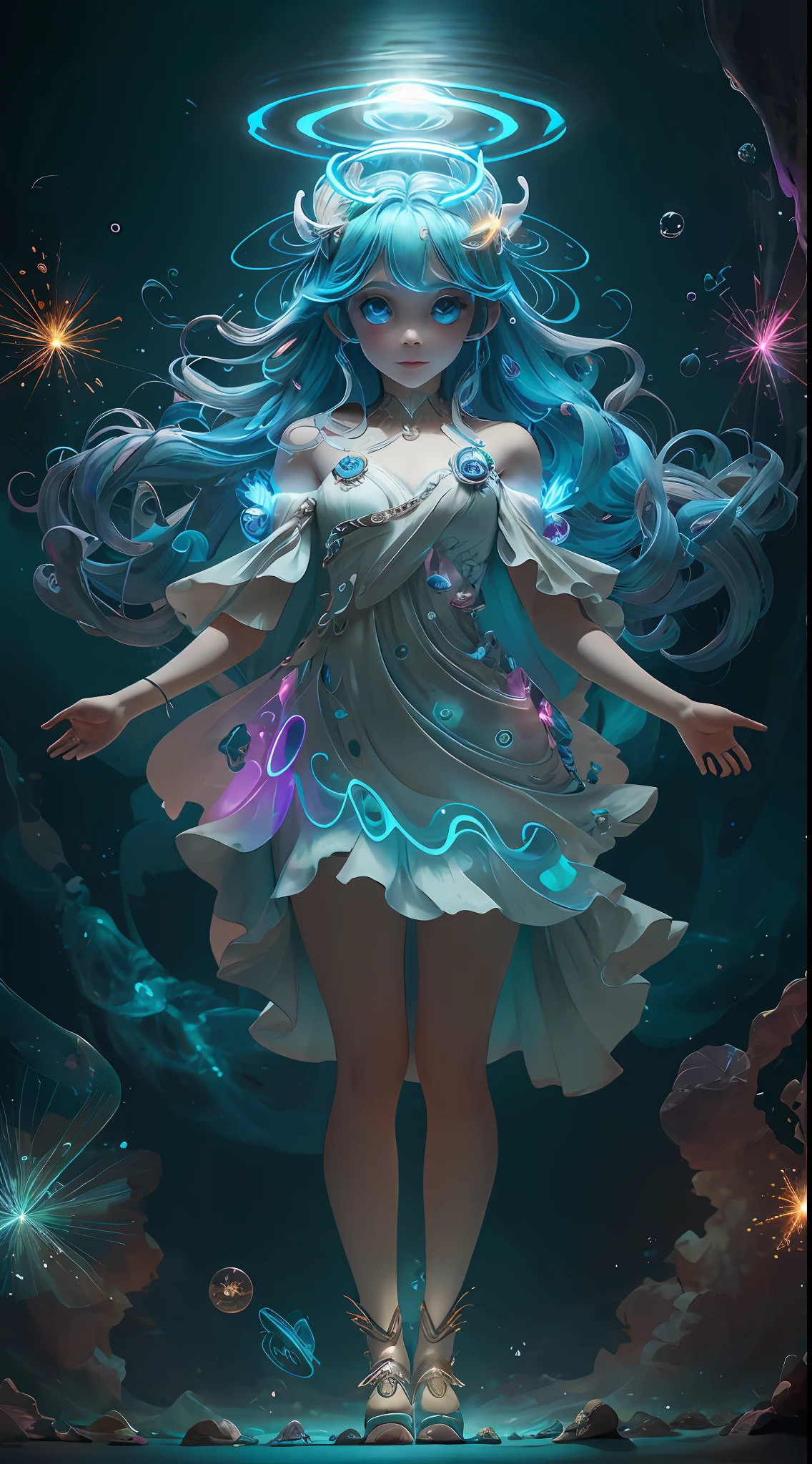 （（Bestquality））， （（A Masterpiece））， （（realisti））， portraits，1girle，full body portrait， celestial bodies， The god， a goddess， Light particles， Halo， looks at the viewer， Firm eyes， Bare Shoulders， Chest tube parietal， Poker face，（bioluminescense：0.9 girls 5）Ocean， bioluminescense， full of energy， colorful，，，，， colour， （bioluminescence， bioluminescence），（Beautiful composition）， Cinematic Lights， Wheels within wheels， （symmetric：0.5 girls）， Whimsical，