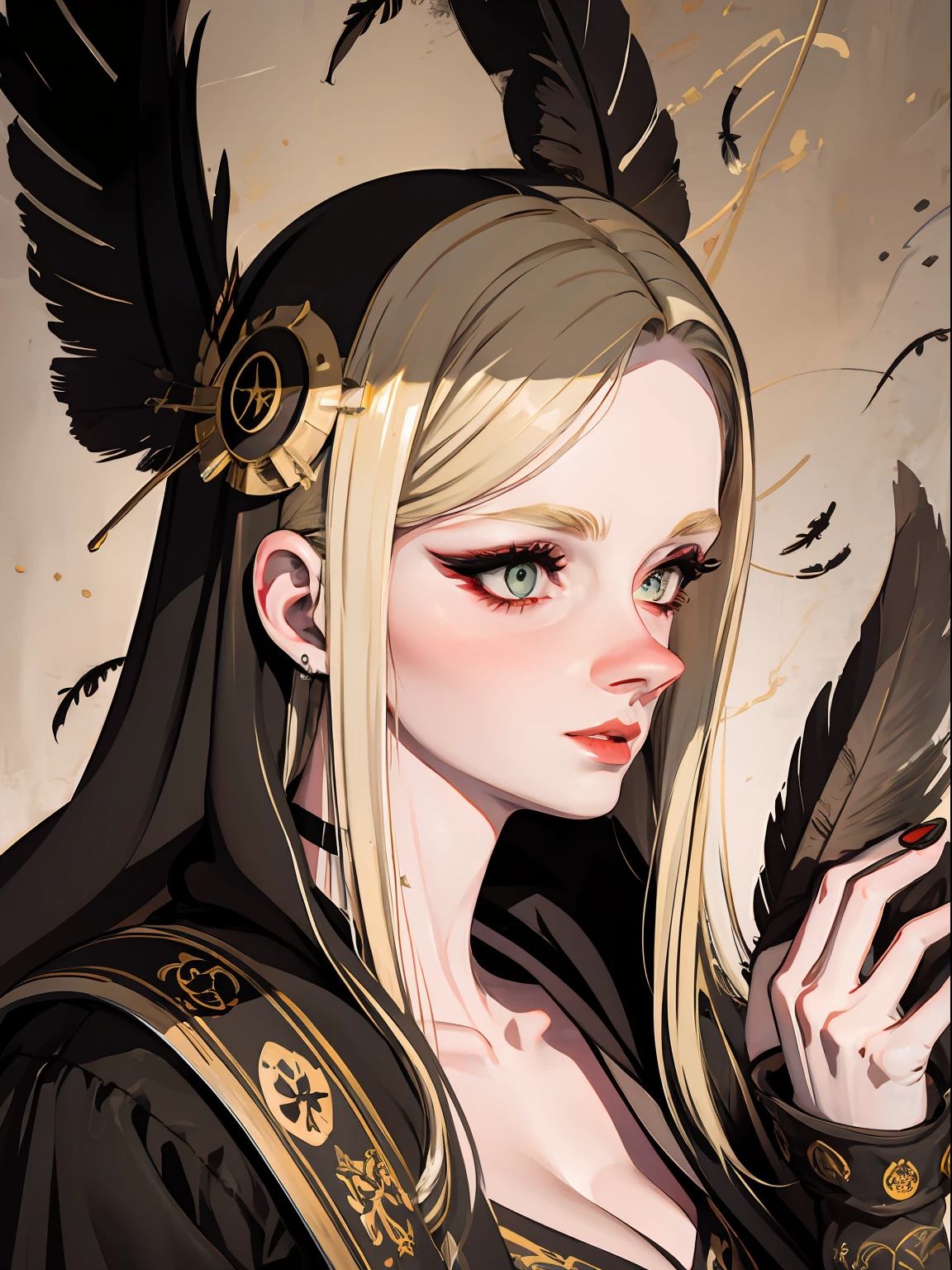 painting of a blonde woman with black , feathers , black feathers ,dark , feathers ,crow,crows ,gold mask,mask