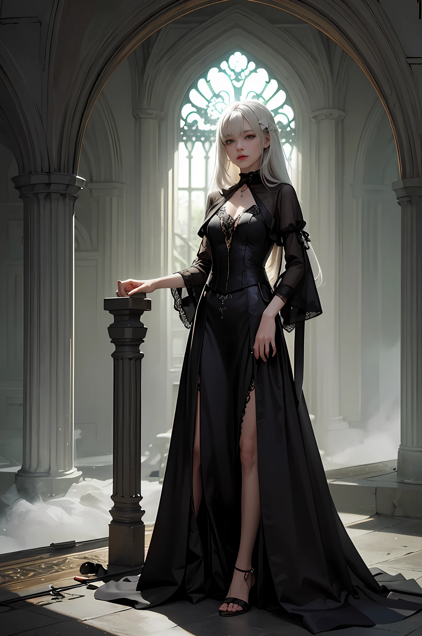 official arts, Unity 8k壁纸, Super detailed, Best Quality, Whole body
dark, atmospheric, Mystical, Romantic, Creepy, literature, Art, moda, Victorian, decoration, Intricacies, ironwork, contemplation, emotional depth, supernatural, 1 girl, 独奏, flat chest, knight, Full Body Composition, Long white hair with bangs, gray eyes, black long dress