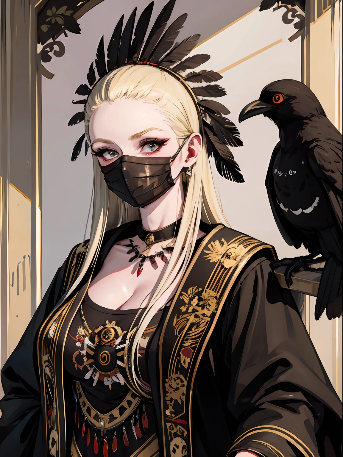 painting of a blonde woman with black , feathers , black feathers ,dark , feathers ,crow,crows ,gold mask,mask