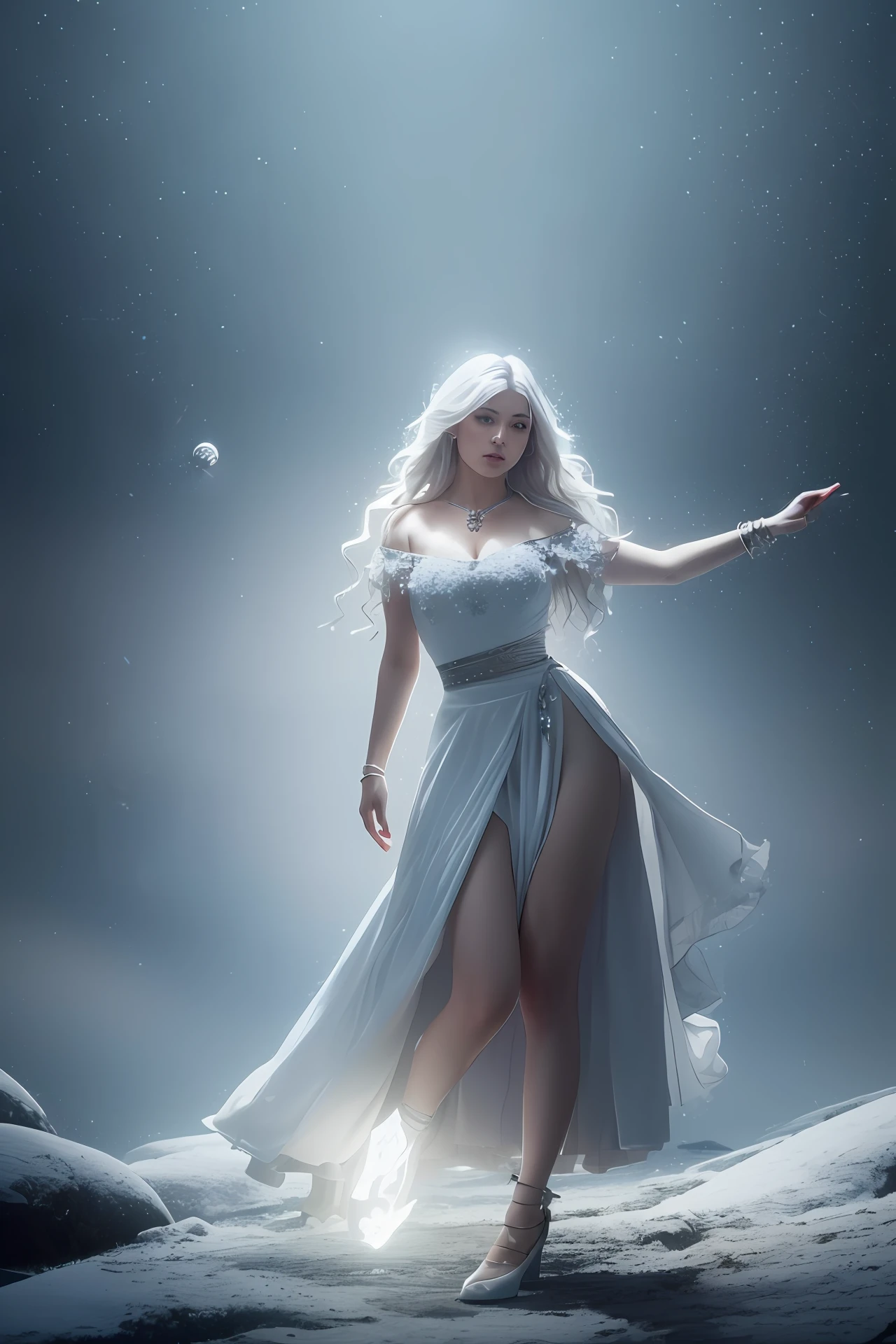fantasy setting, sharp focus, high quality photo of beautiful northern mature woman, snowflakes on dress, snow, magician, wearing white clothes with silver embroidery, white dress with hoodie, white hair, confident look, rising ((magic wand with white glowing orb on it )) glowing runes flying around, jewellery, detailed eyes, low body fat, cinematic lighting, highly detailed, (matching eyes:1.2), full body photo, epic pose, night sky background, art by charlie bowater, (Latest Highly Detailed Oil Painting:1.2), glare effects, god rays, Hand drawn, render, 8k, octane rendering, cinema 4d, mixer, dark, atmospheric 4k ultra detailed, cinematic sensual, Sharp focus, humorous illustration, large depth of field, Masterpiece, colors, 3d octane rendering, 4k, concept art, trending on artstation, hyperrealistic, Vivid colors, highly detailed CG unity 8k wallpaper, trending on ArtStation, trending on CGSociety, Complex, High Detail, dramatic