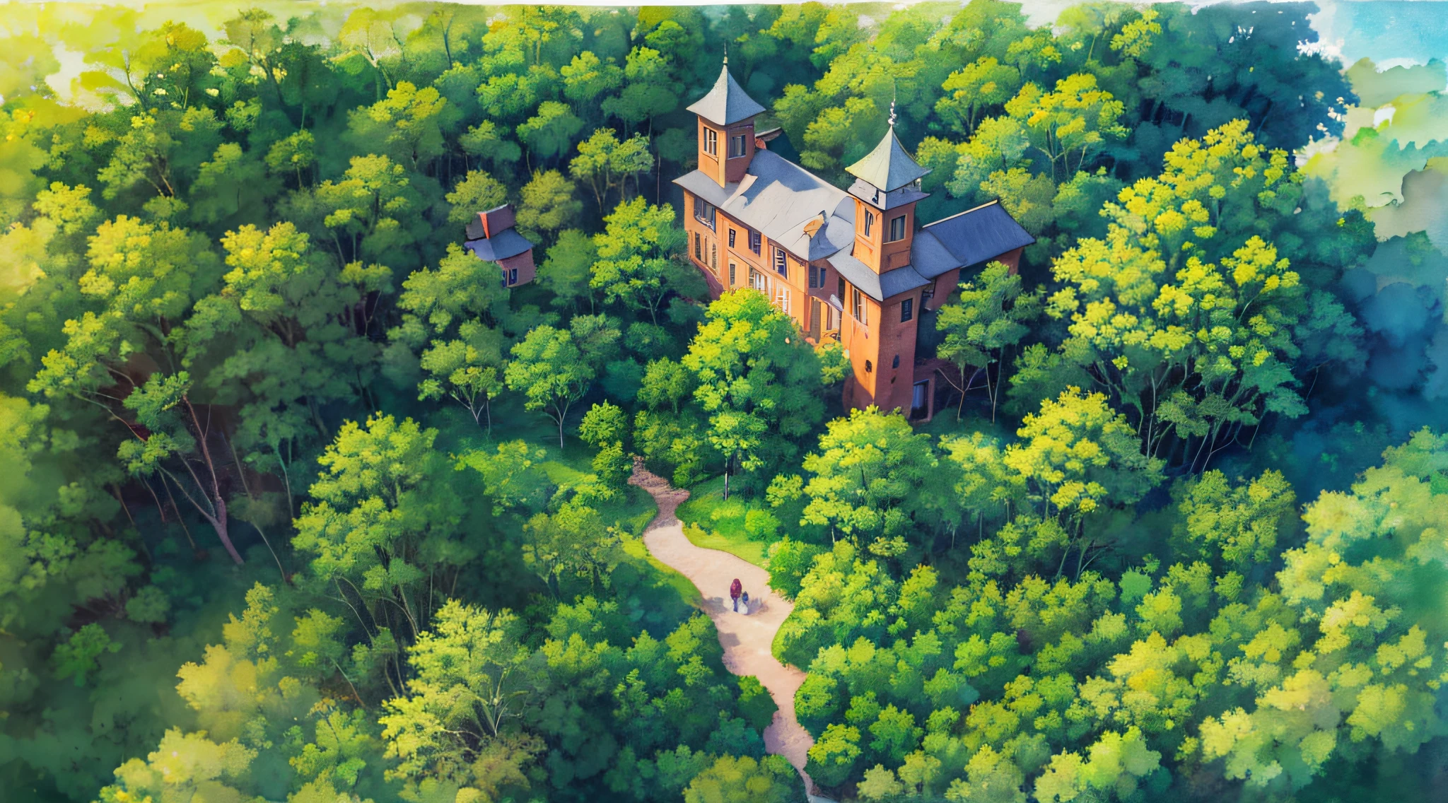 forest, nature, aerial view, (early morning: 1.2), ((natural lighting)), clear focus, (long shot: 1.1), (watercolor 1.2), painting, (spring: 1.2), studio ghibli