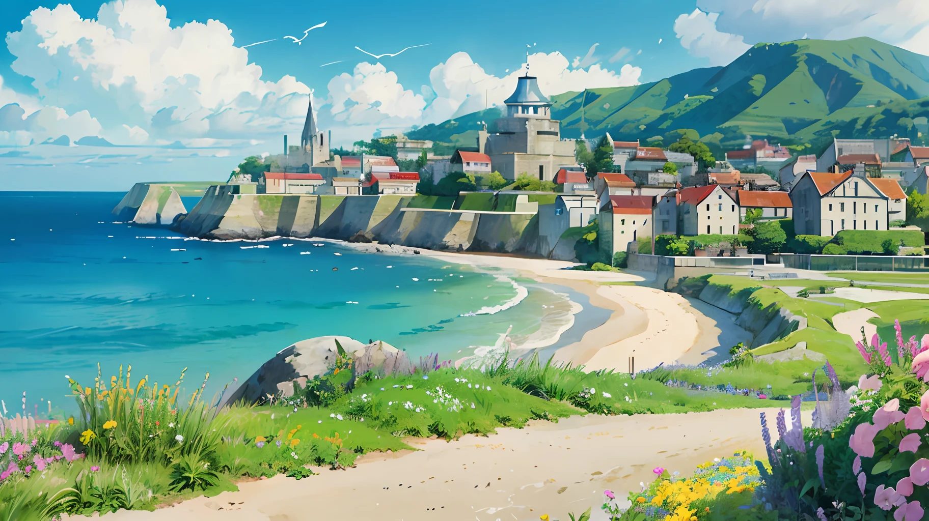 Coastal scenery Cloudy European medieval architecture Good light 8 to 11 am HD 4K Horizontal Weeds blowing in the wind Japanese anime style More realistic --auto