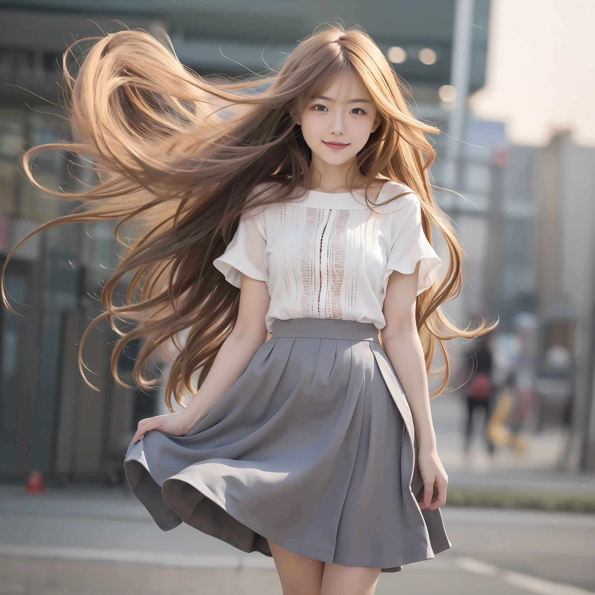 "(Best picture quality、A masterpice), white backgrounid, Ultra-thin paper，Sparkling, Beautiful and tasteful, The wind blew for a long time，ssmile, curly blond hair, Vivid and stunning，Scottish pleated skirt，Greater wind，The wind blows hair，Floating hair，Static clothes，Short sleeved bodice，extra very long hair，120 cm long hair，Hair grows to the floor，Correct limbs，。"