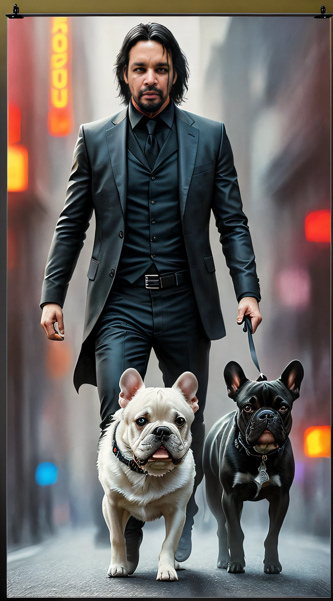 Keanu Reeves as Jonh wick walking whit French Bulldog, (Rome:1.1), vhs effect, (poster:1.6), poster on wall, nostalgia, movie poster, portrait, high-detaled face,(skin texture), intricately detailed, fine details, hyperdetailed, raytracing, subsurface scattering, diffused soft lighting, shallow depth of field, by Oliver Wetter,
 Intricate, High Detail, Sharp focus, dramatic, photorealistic painting art by greg rutkowski, bokeh