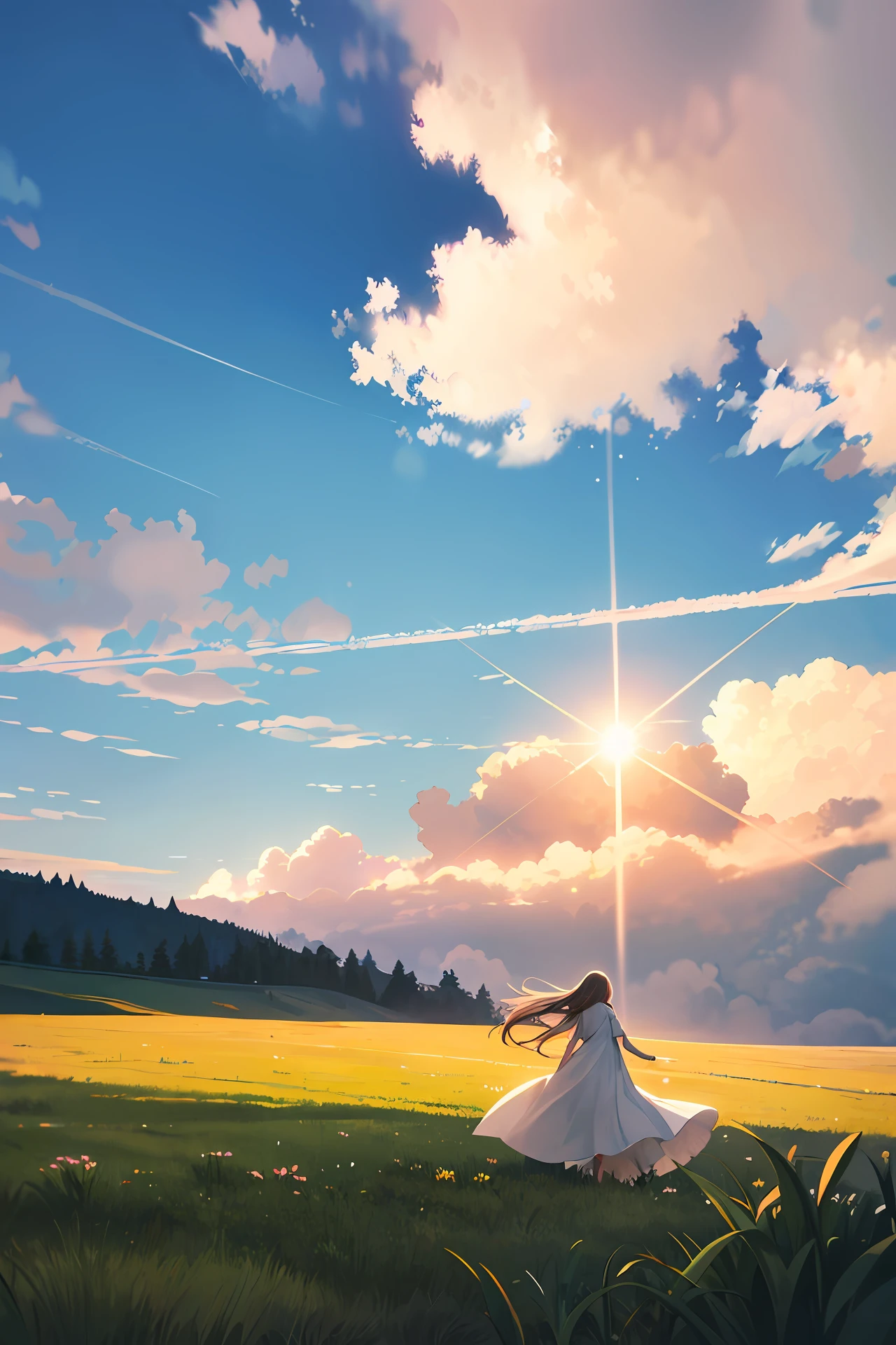 The clouds are ethereal,and the sun was shining brightly,with blue sky and white clouds,grass field,Glow,Long-haired girl in white dress walking on grass