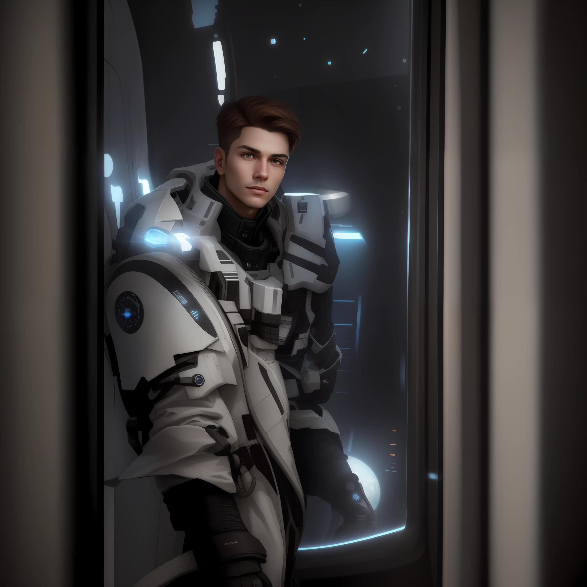 fking_scifi, award-winning photo of a man, black flight suit with yellow accents, brown hair, (gray eyes:1.35), square jawline, asymmetric face, standing in front of a window on a space ship, 80mm, bokeh, mass effect, close up, fking_cinema_v2